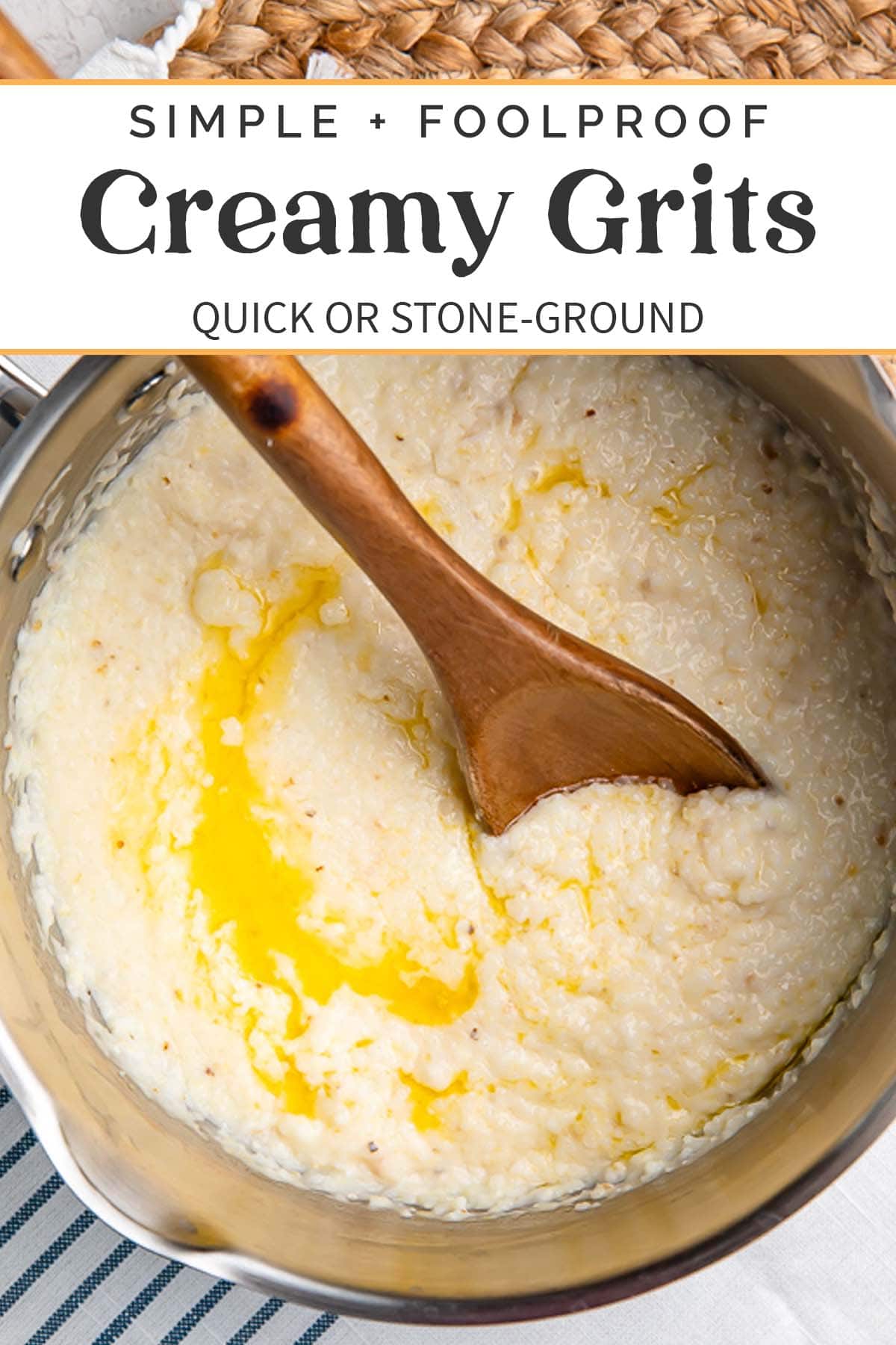 Pin graphic for creamy grits recipe.