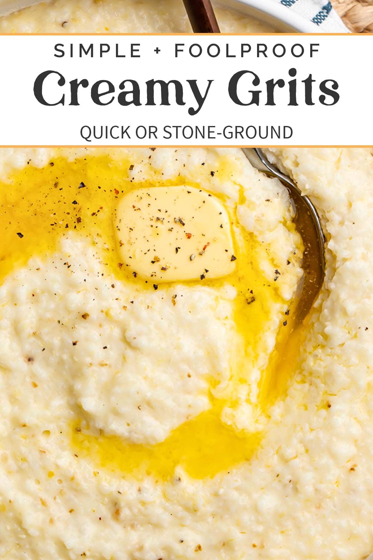 Pin graphic for creamy grits recipe.