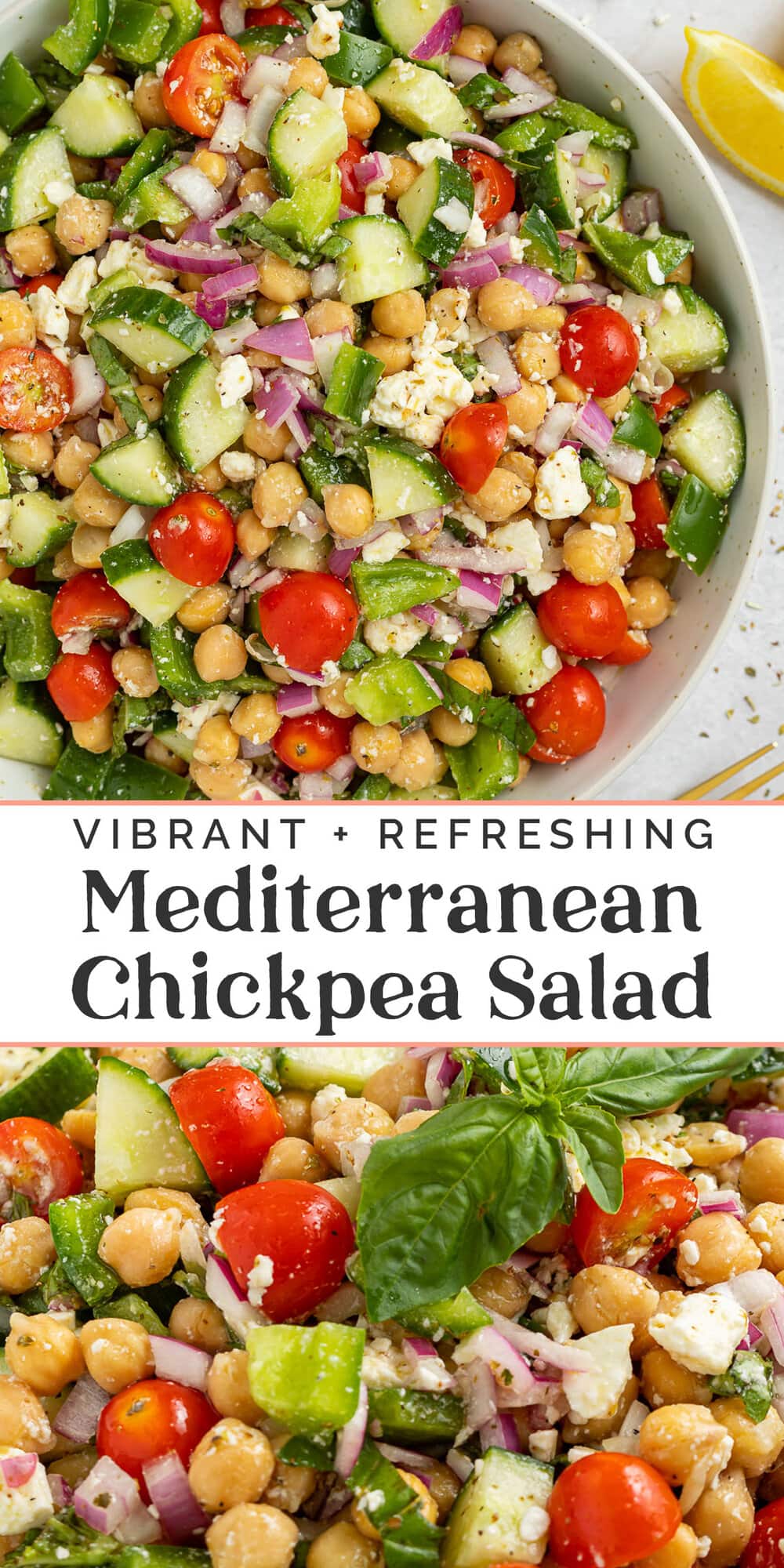 Pin graphic for Mediterranean chickpea salad.