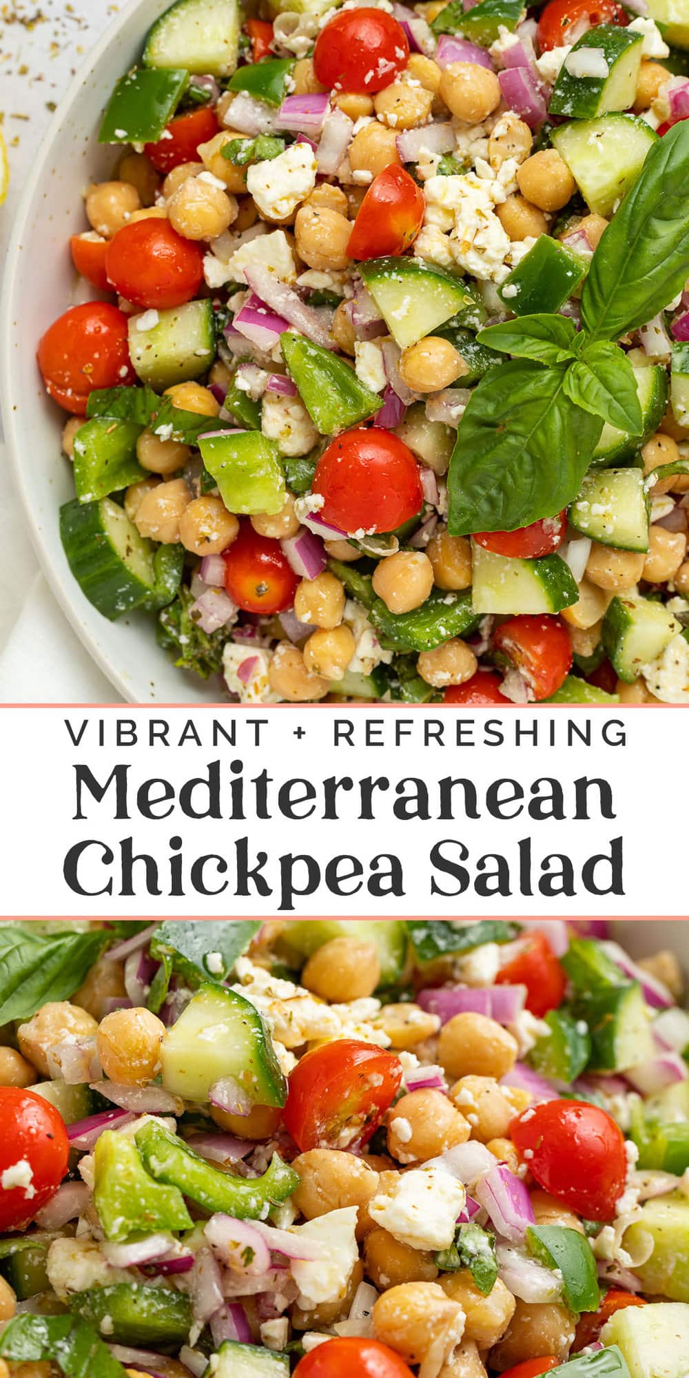 Pin graphic for Mediterranean chickpea salad.