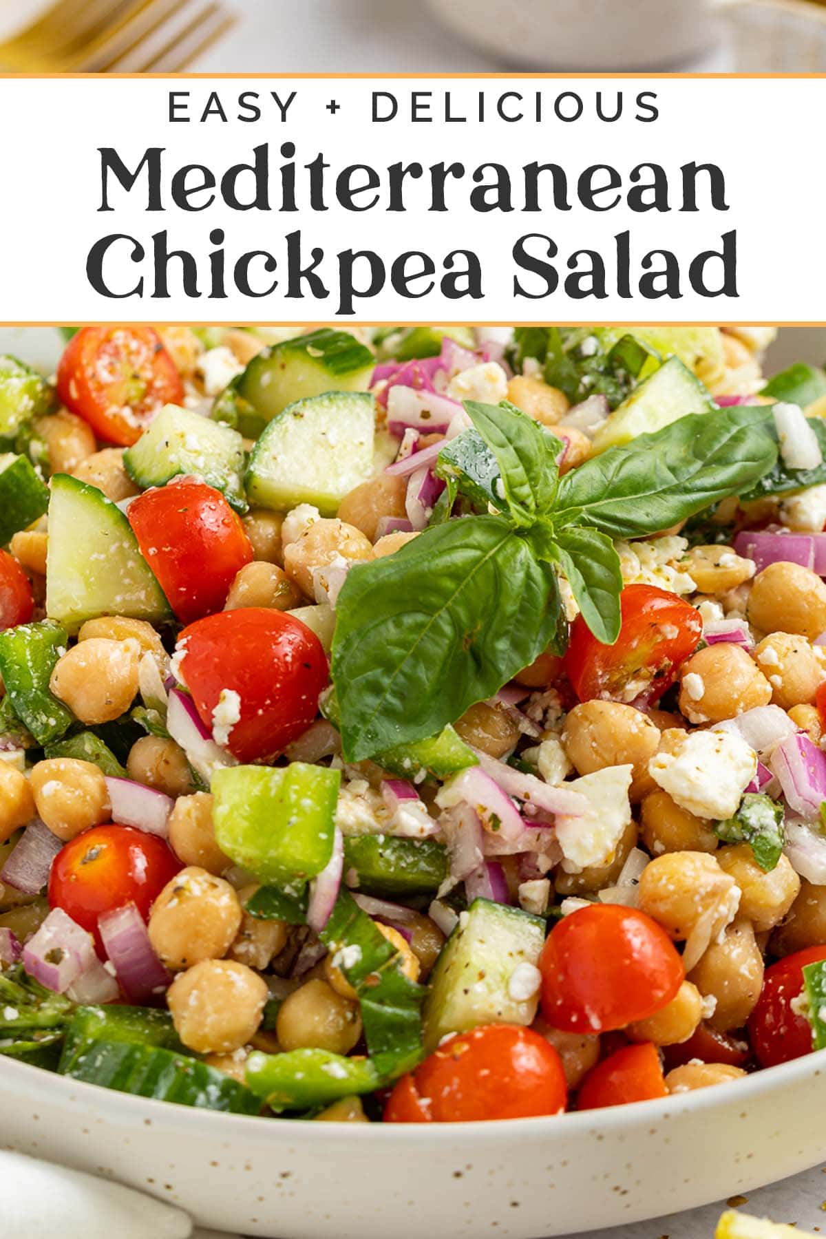 Pin graphic for Mediterranean chickpea salad.