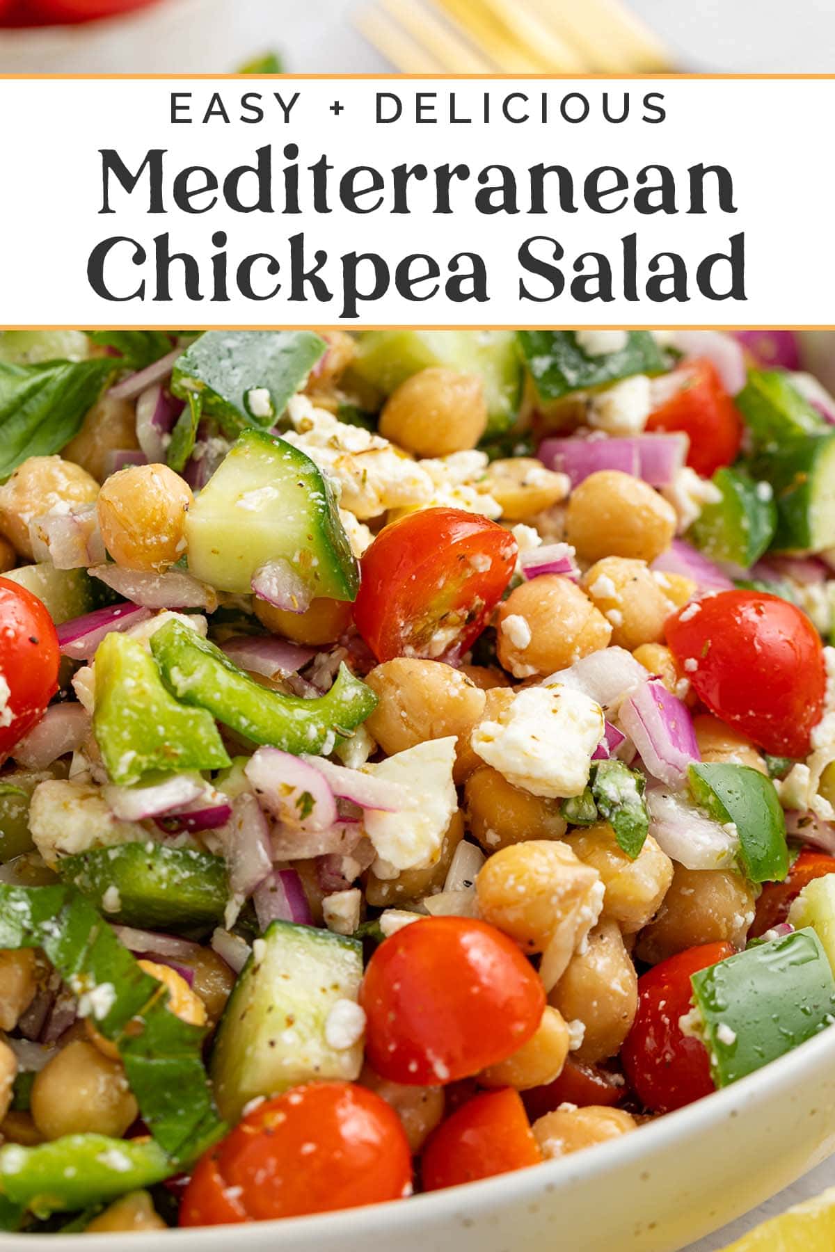 Pin graphic for Mediterranean chickpea salad.