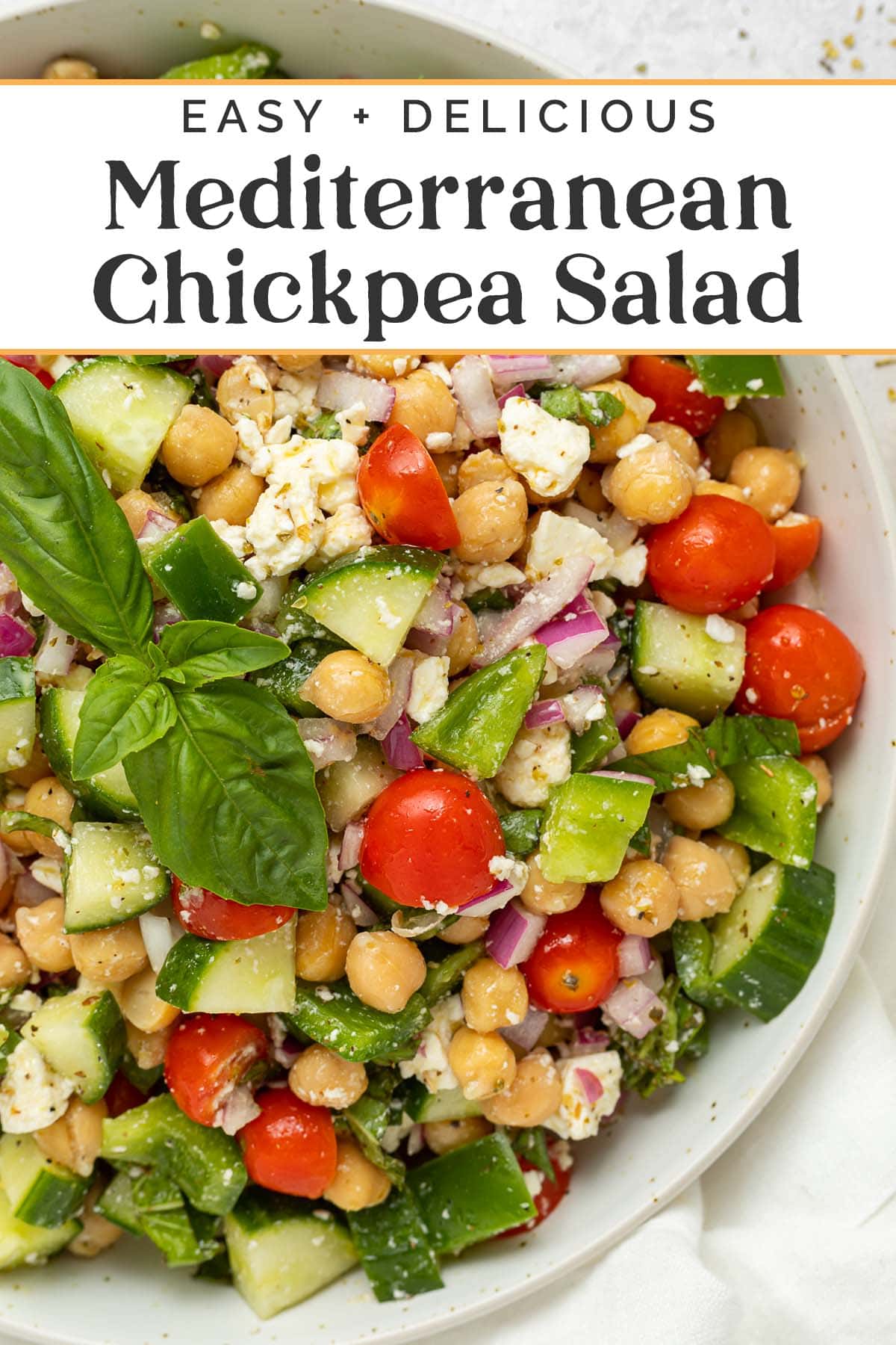 Pin graphic for Mediterranean chickpea salad.