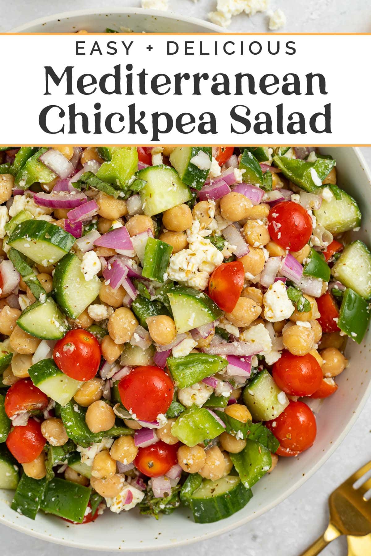 Pin graphic for Mediterranean chickpea salad.