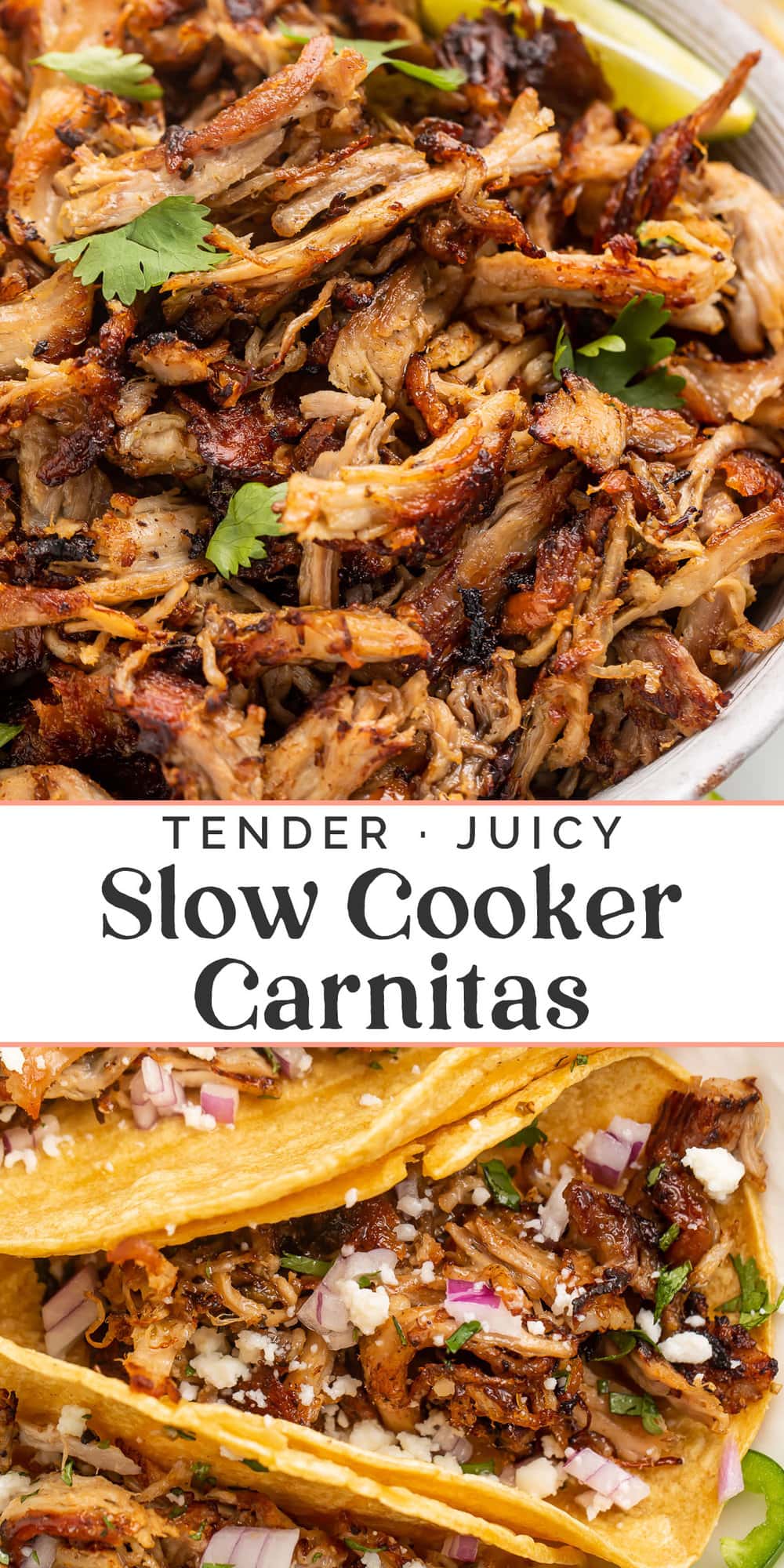 Pin graphic for slow cooker carnitas.