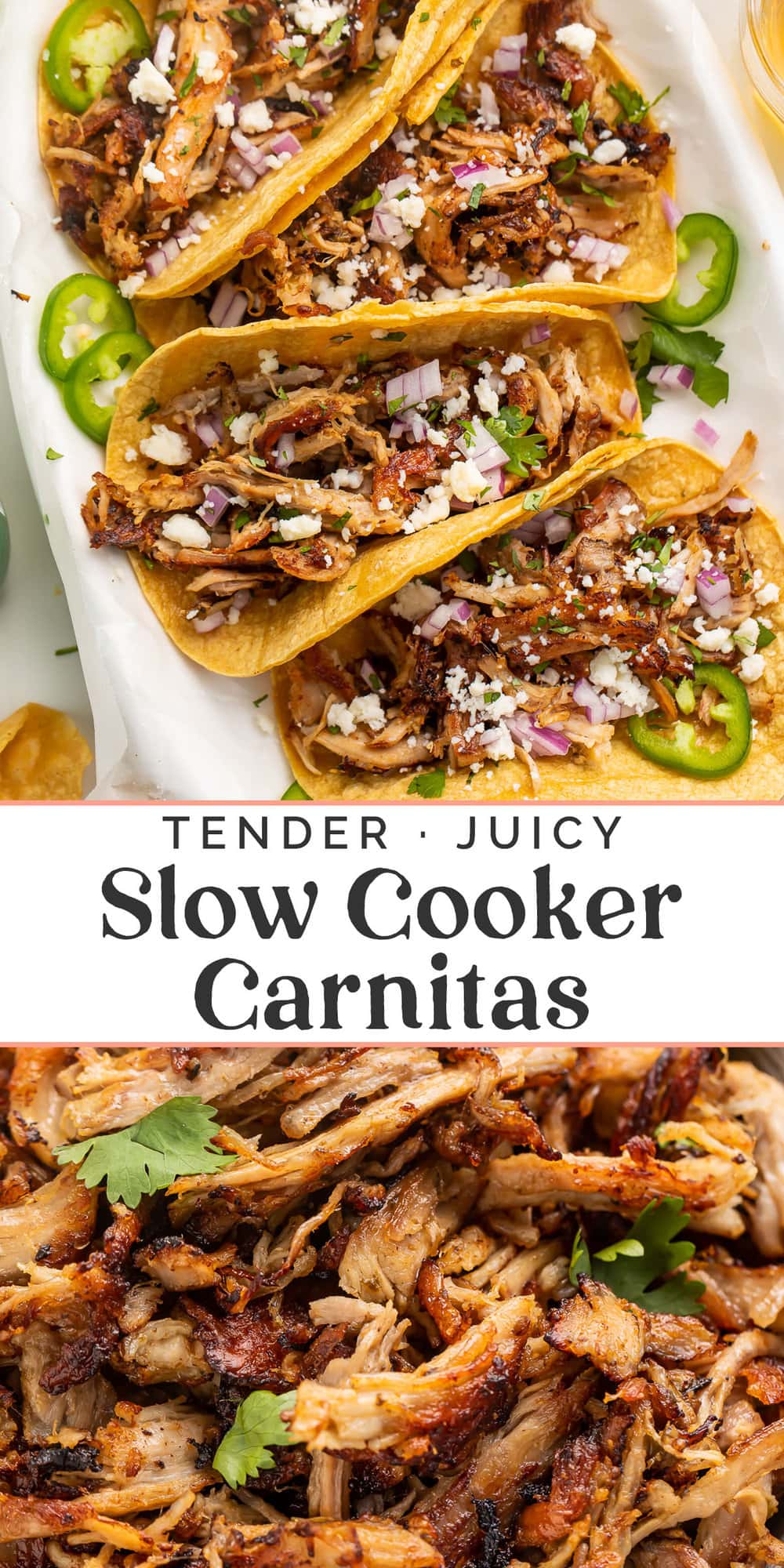 Pin graphic for slow cooker carnitas.