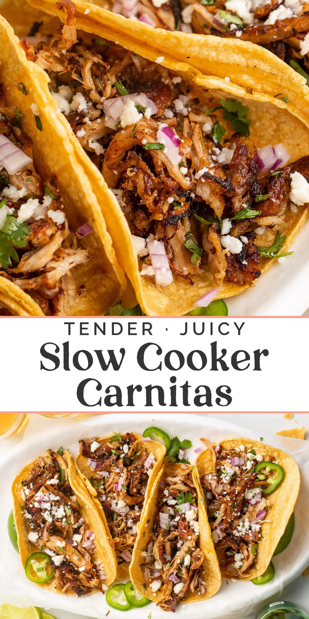 Pin graphic for slow cooker carnitas.