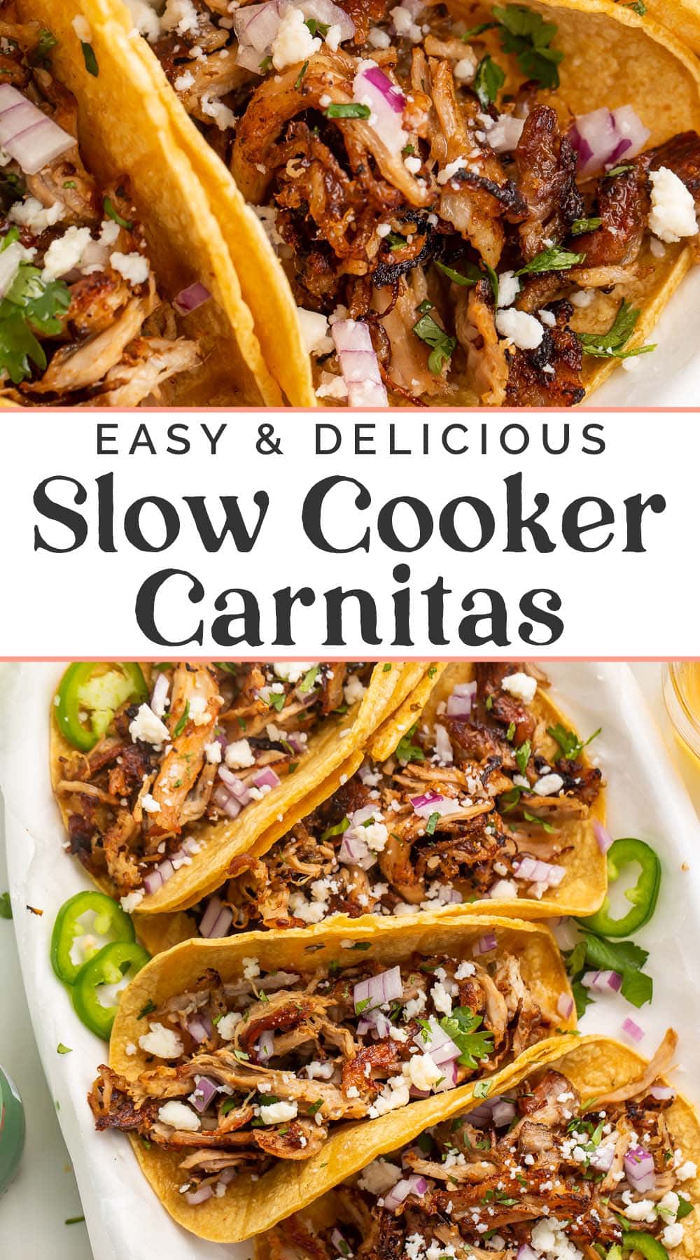 Pin graphic for slow cooker carnitas.