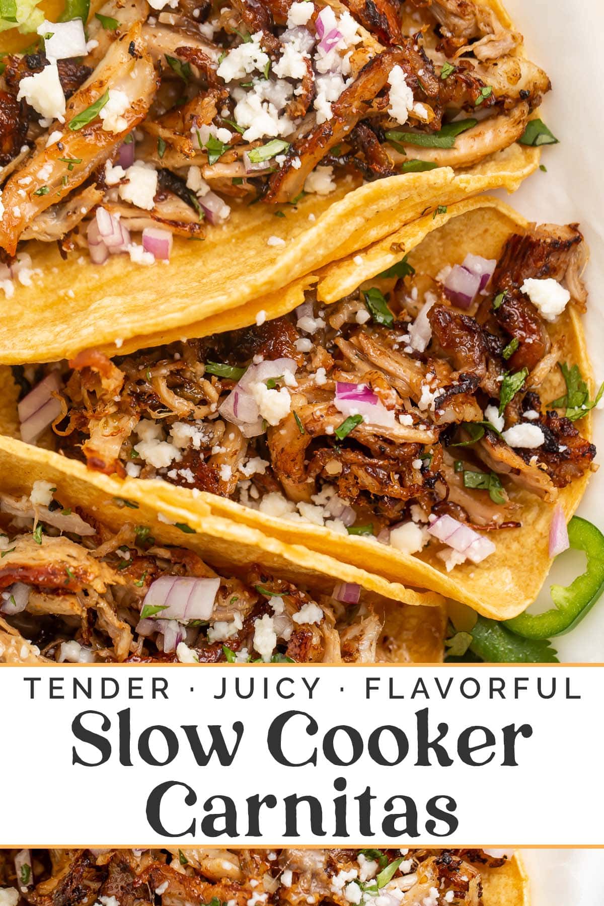 Pin graphic for slow cooker carnitas.