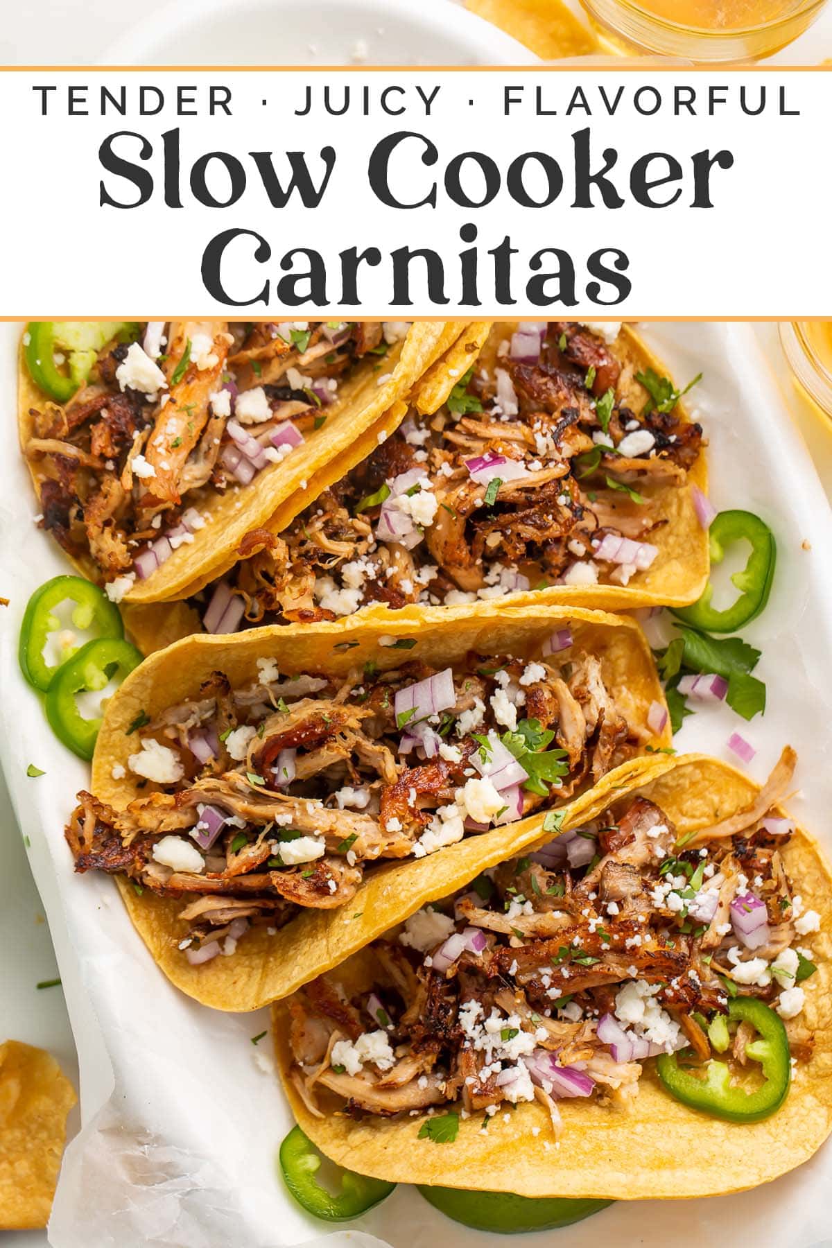 Pin graphic for slow cooker carnitas.