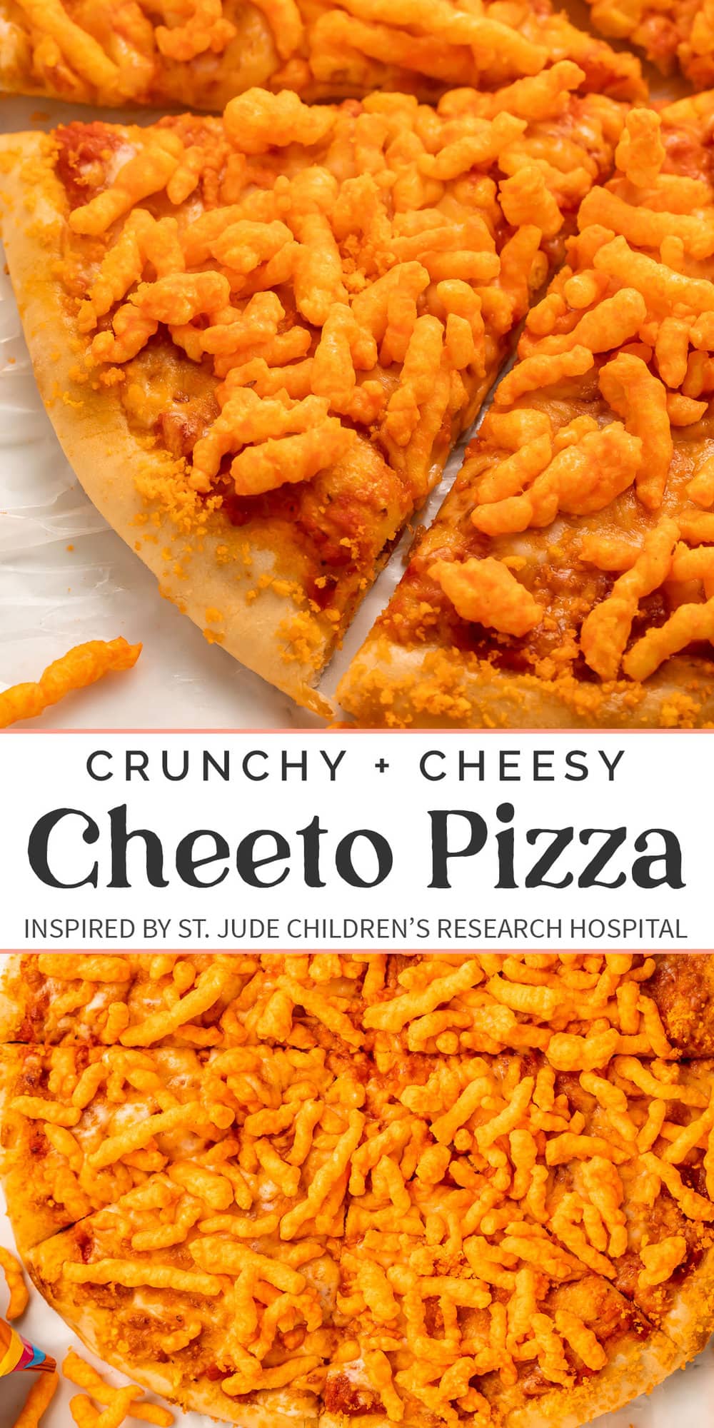 Pin graphic for cheeto pizza.