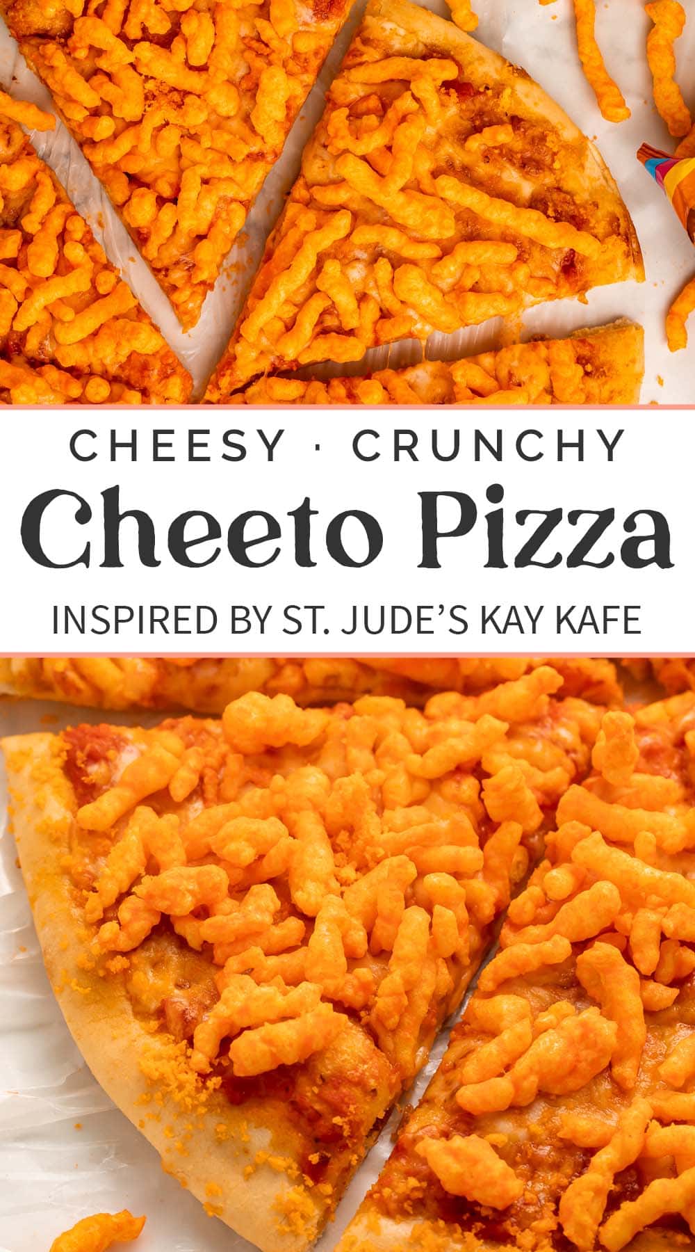 Pin graphic for cheeto pizza.