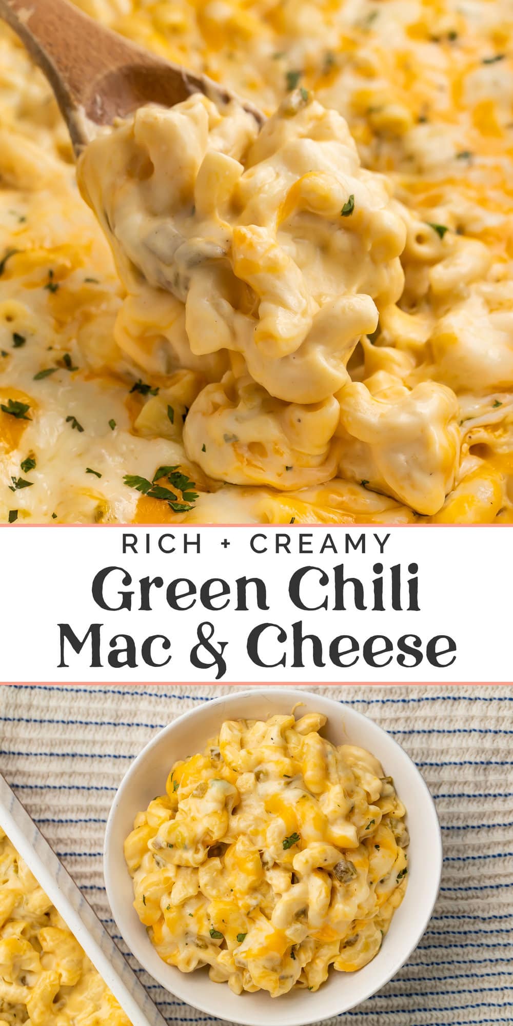 Pin graphic for green chili mac and cheese.