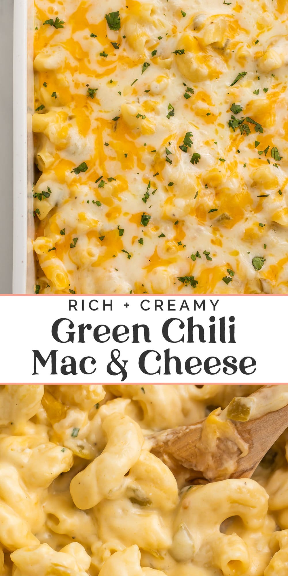 Pin graphic for green chili mac and cheese.