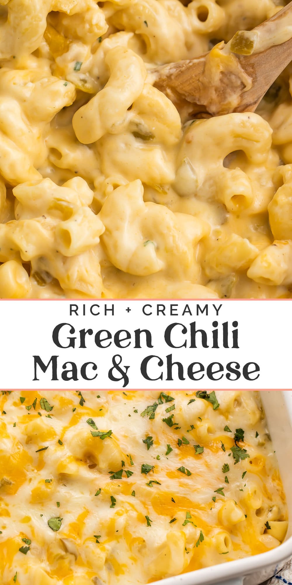 Pin graphic for green chili mac and cheese.