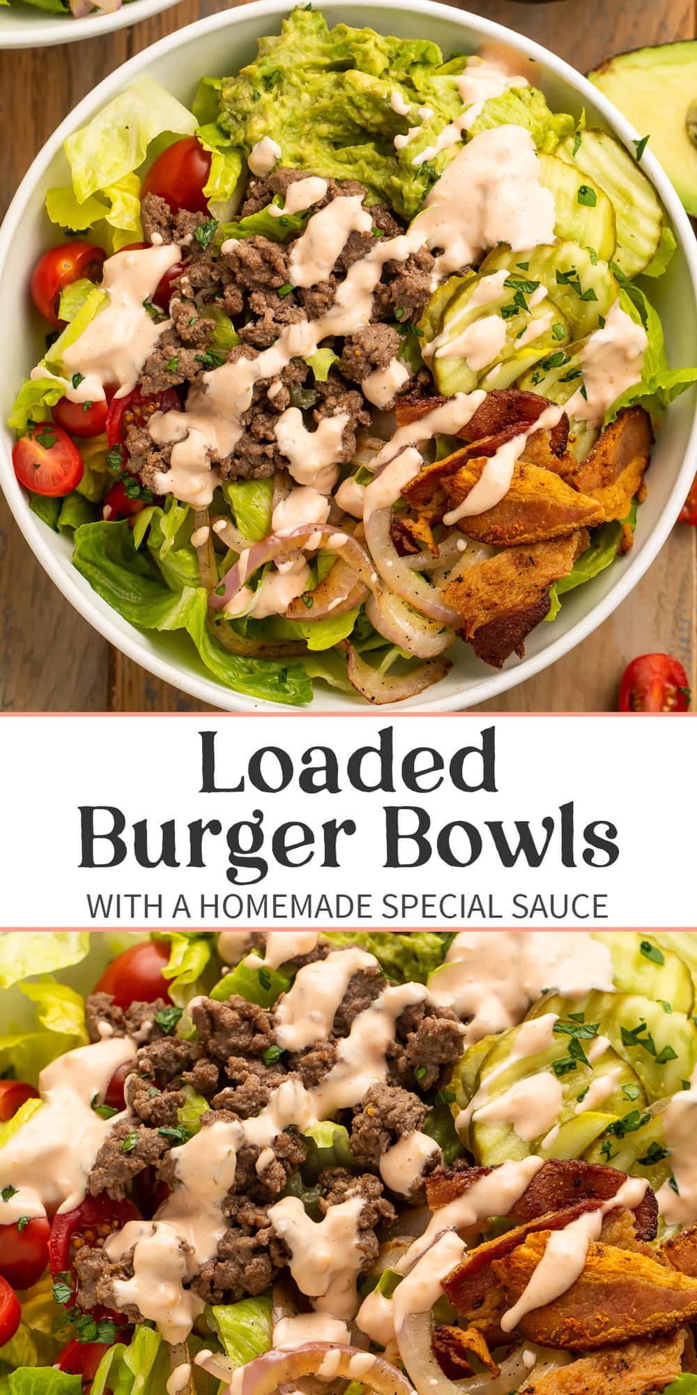 Pin graphic for loaded burger bowls.