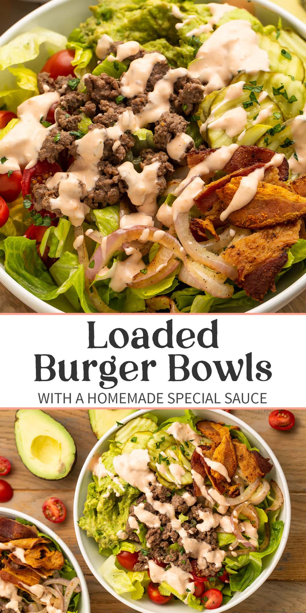 Pin graphic for loaded burger bowls.