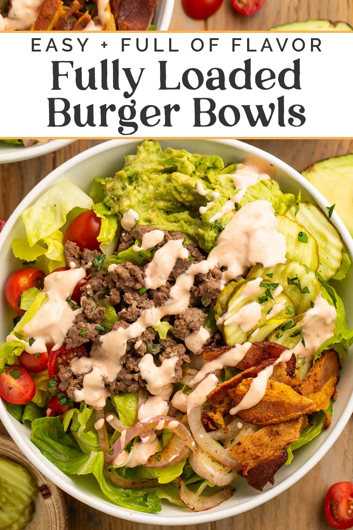 Pin graphic for loaded burger bowls.