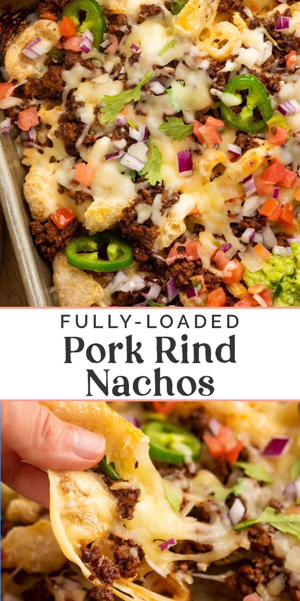 Pin graphic for pork rind nachos.