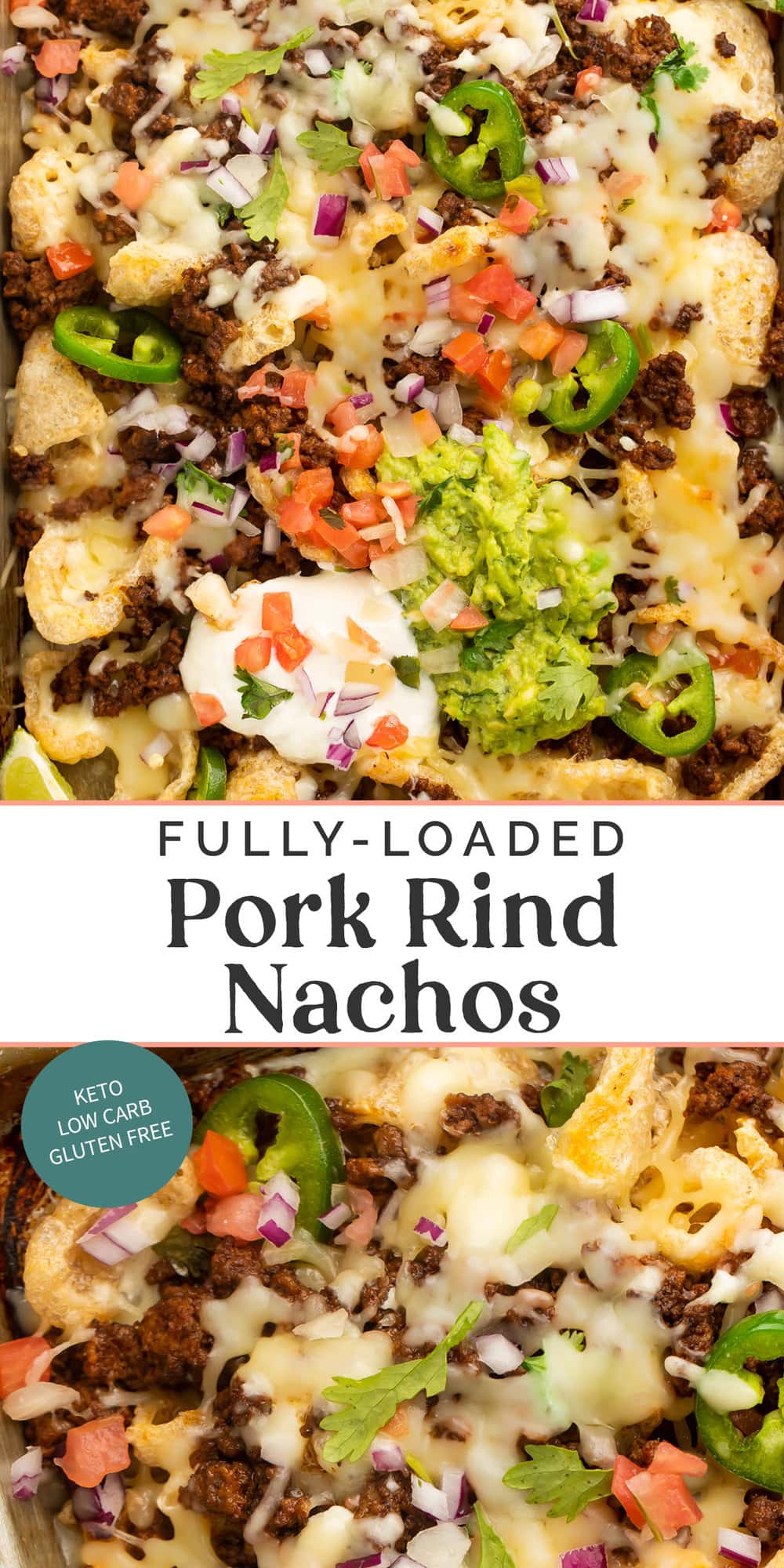 Pin graphic for pork rind nachos.