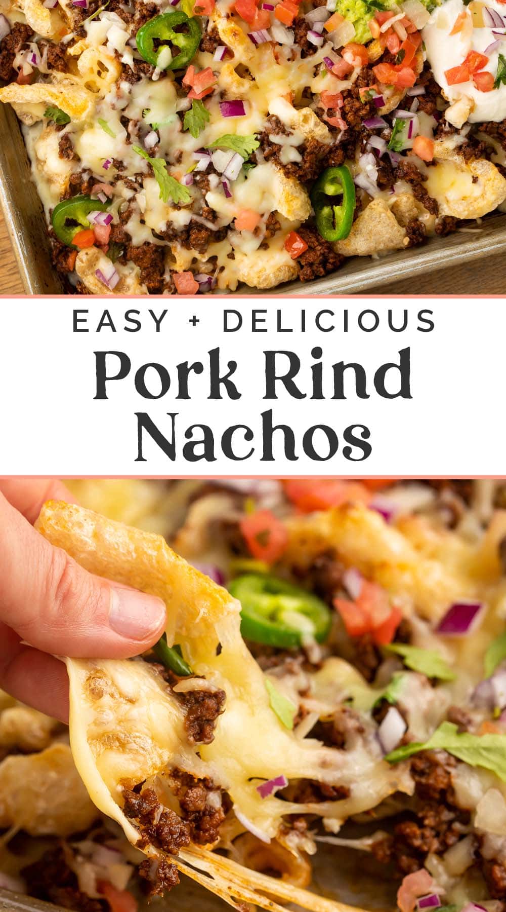 Pin graphic for pork rind nachos.