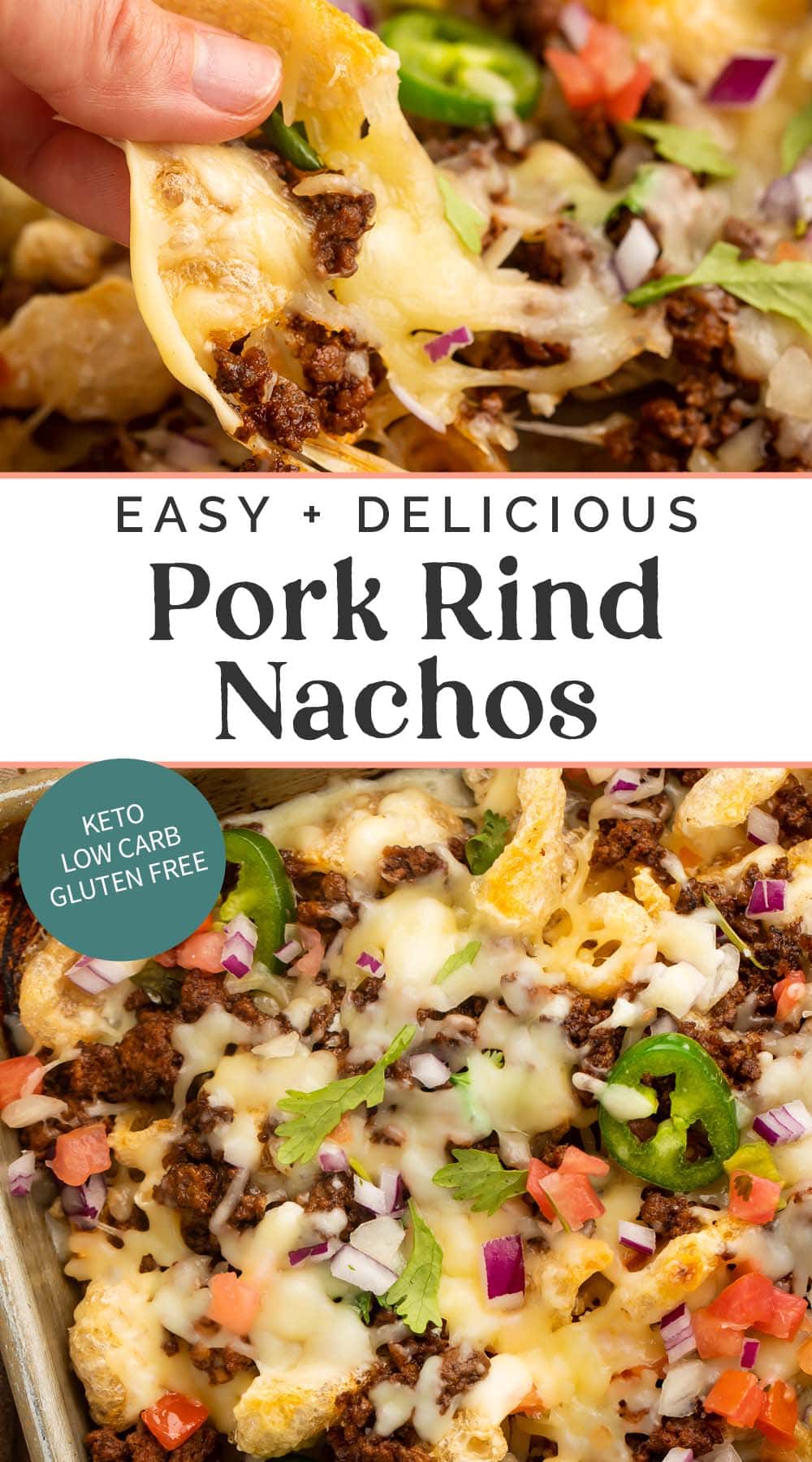 Pin graphic for pork rind nachos.