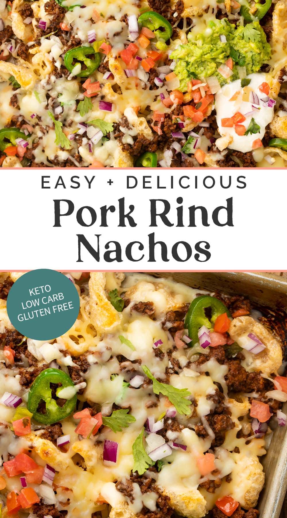 Pin graphic for pork rind nachos.