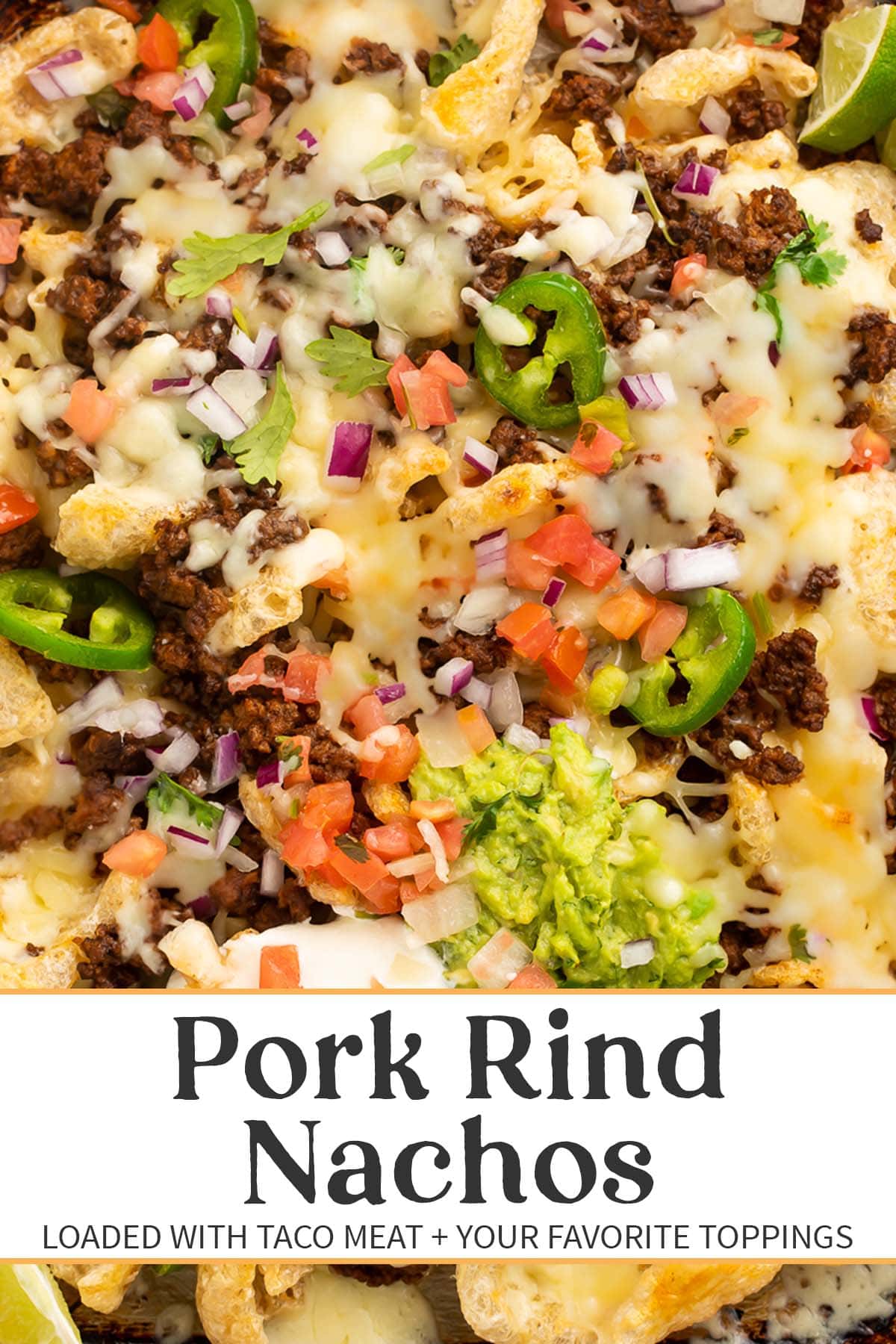 Pin graphic for pork rind nachos.