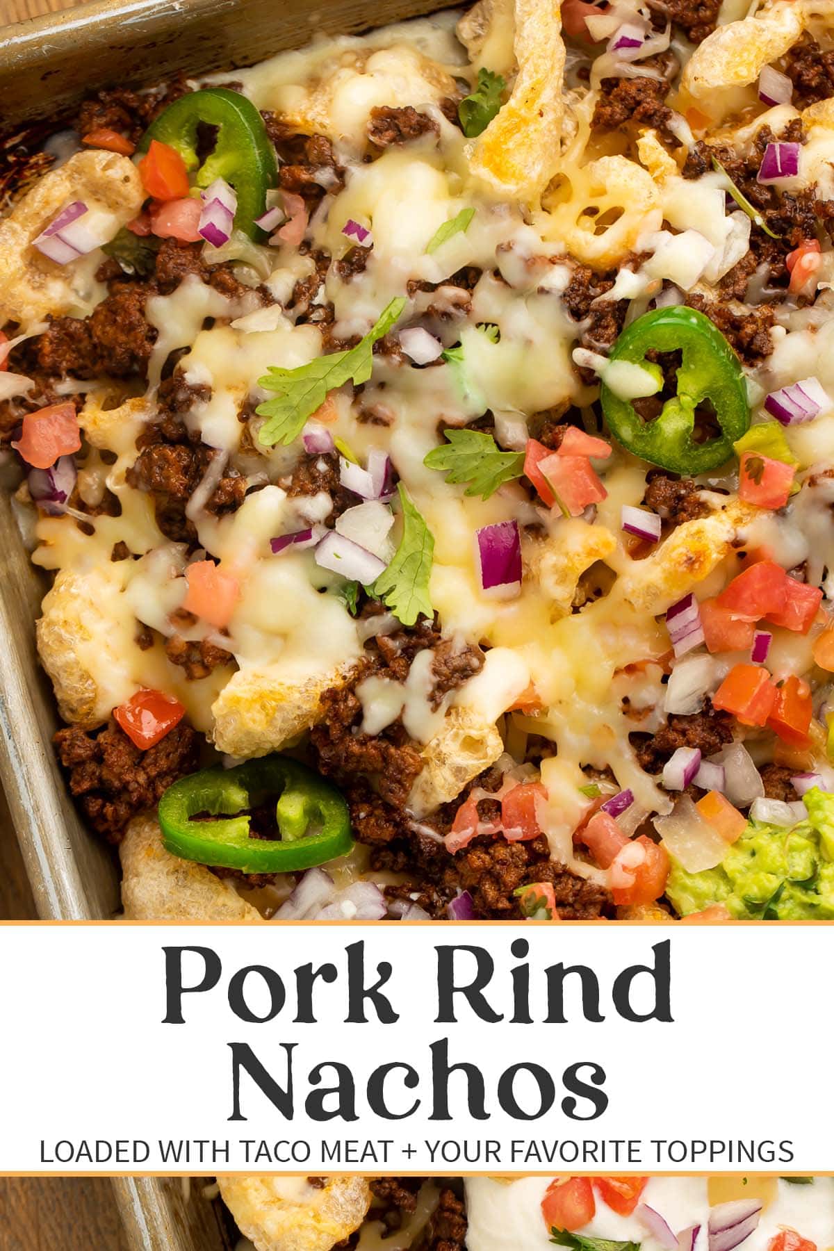 Pin graphic for pork rind nachos.