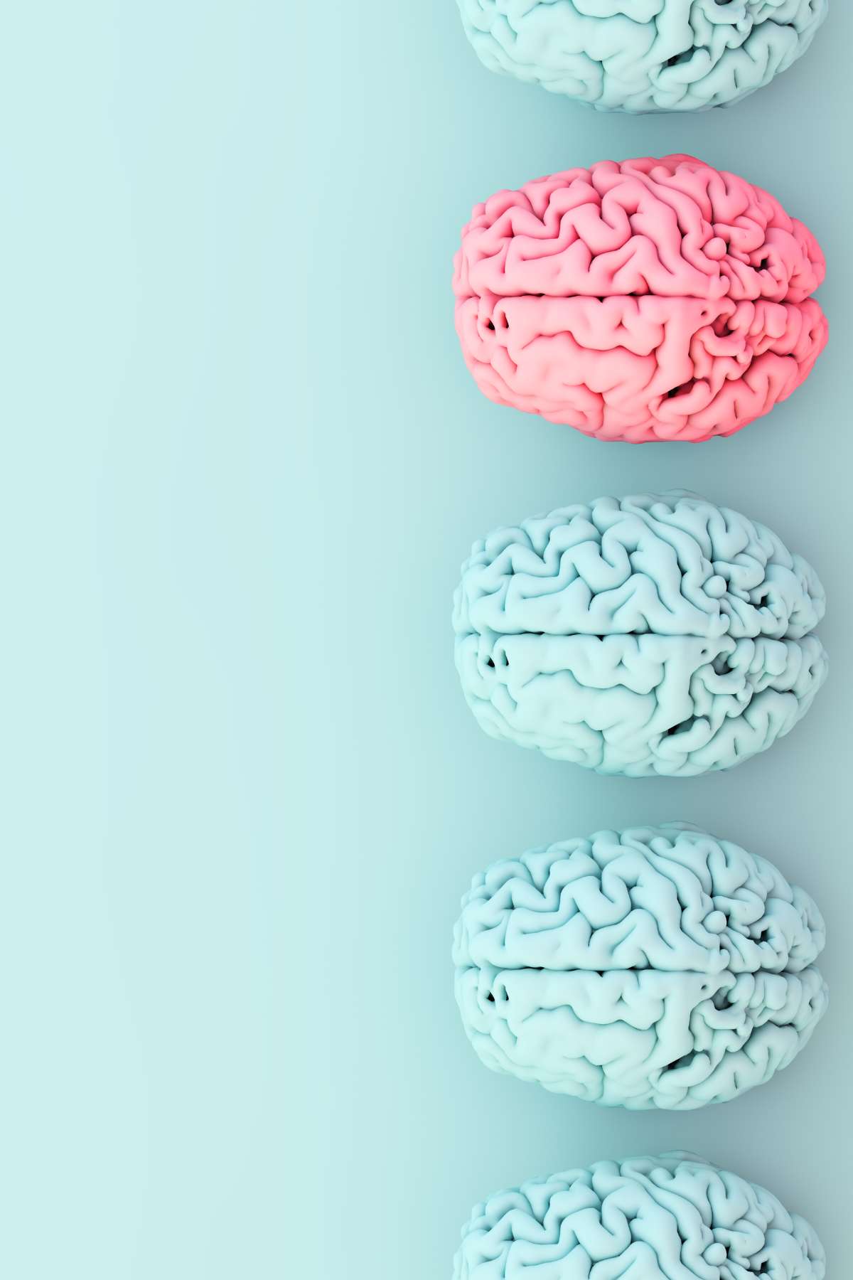 4 blue brains and 1 pink brain against a light blue background.