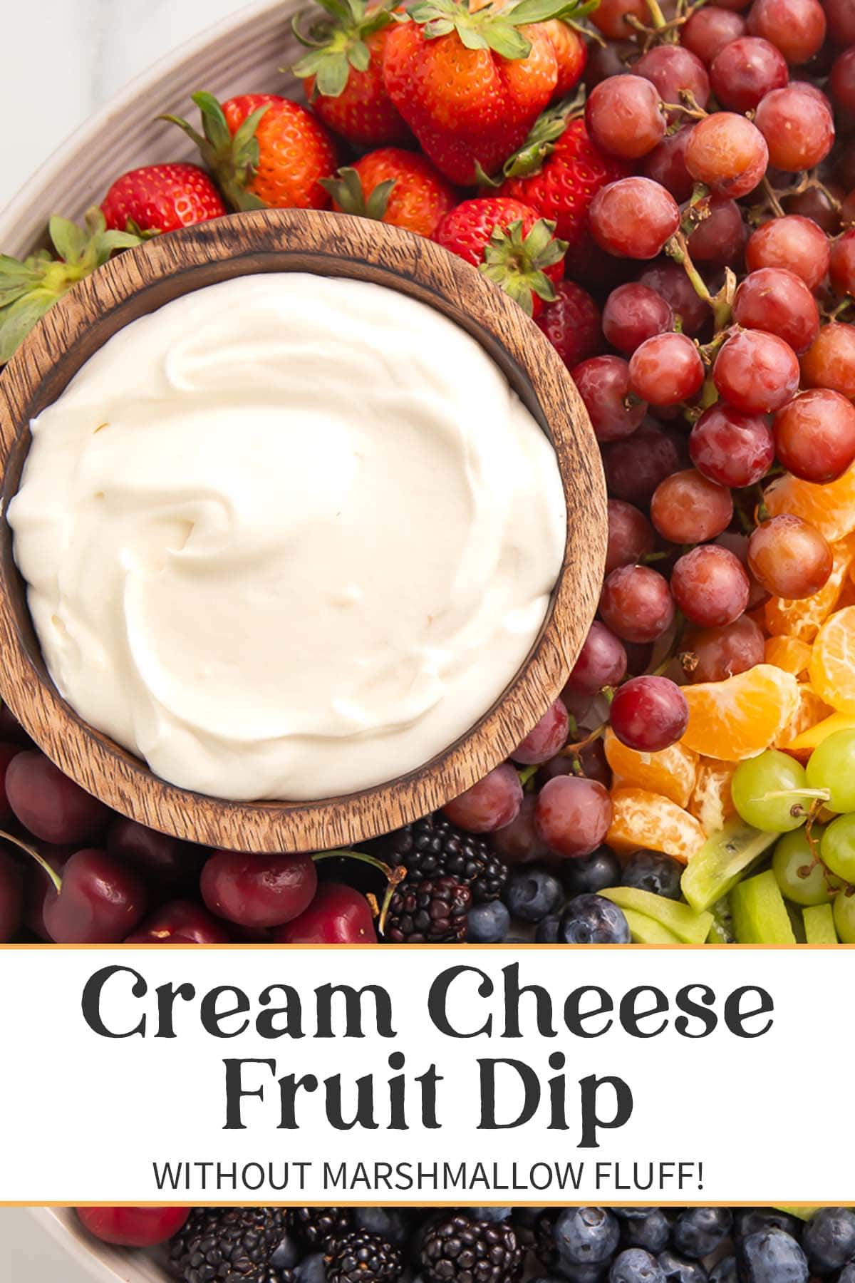 Pin graphic for cream cheese fruit dip.