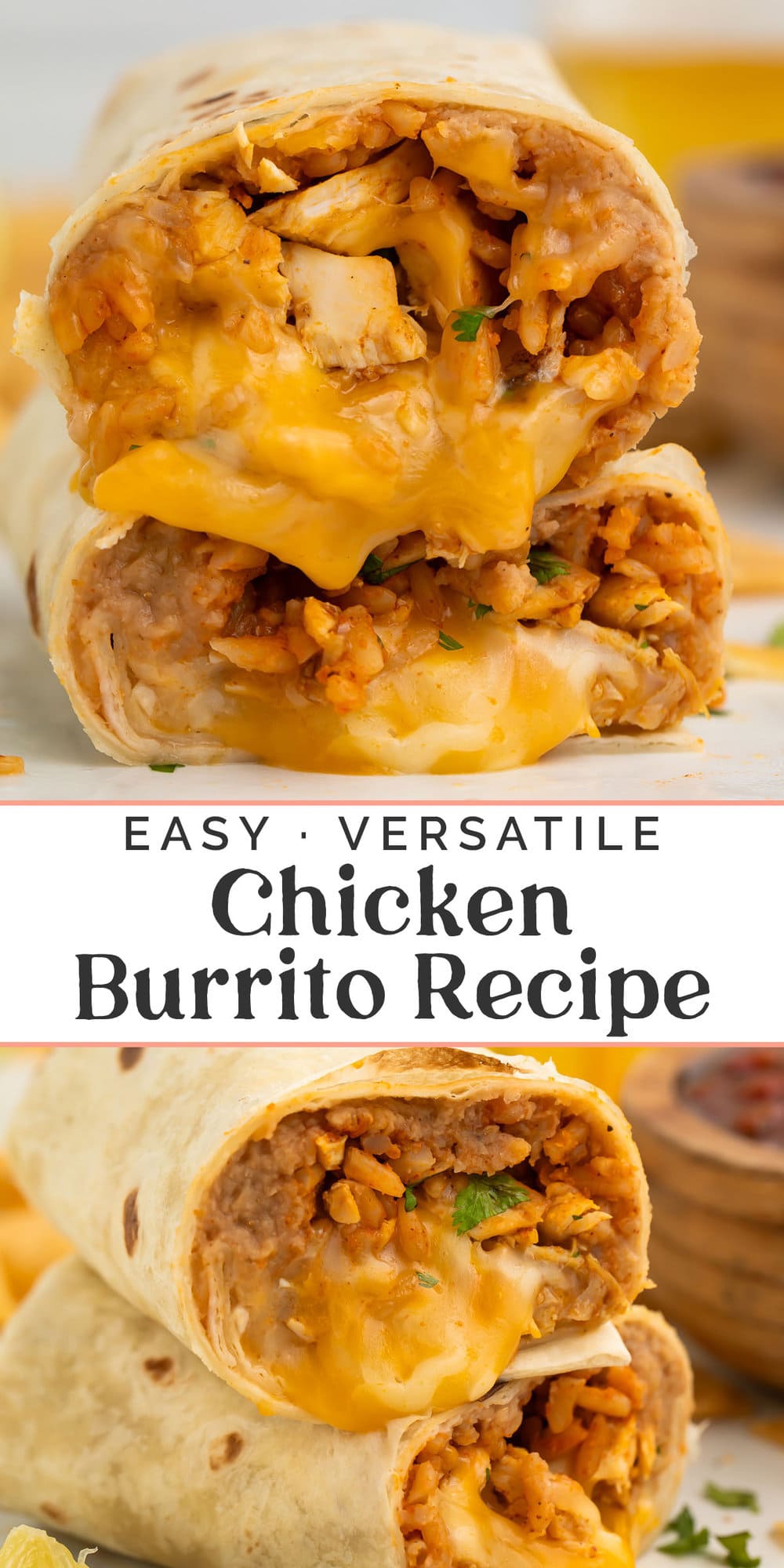 Pin graphic for easy chicken burrito recipe.