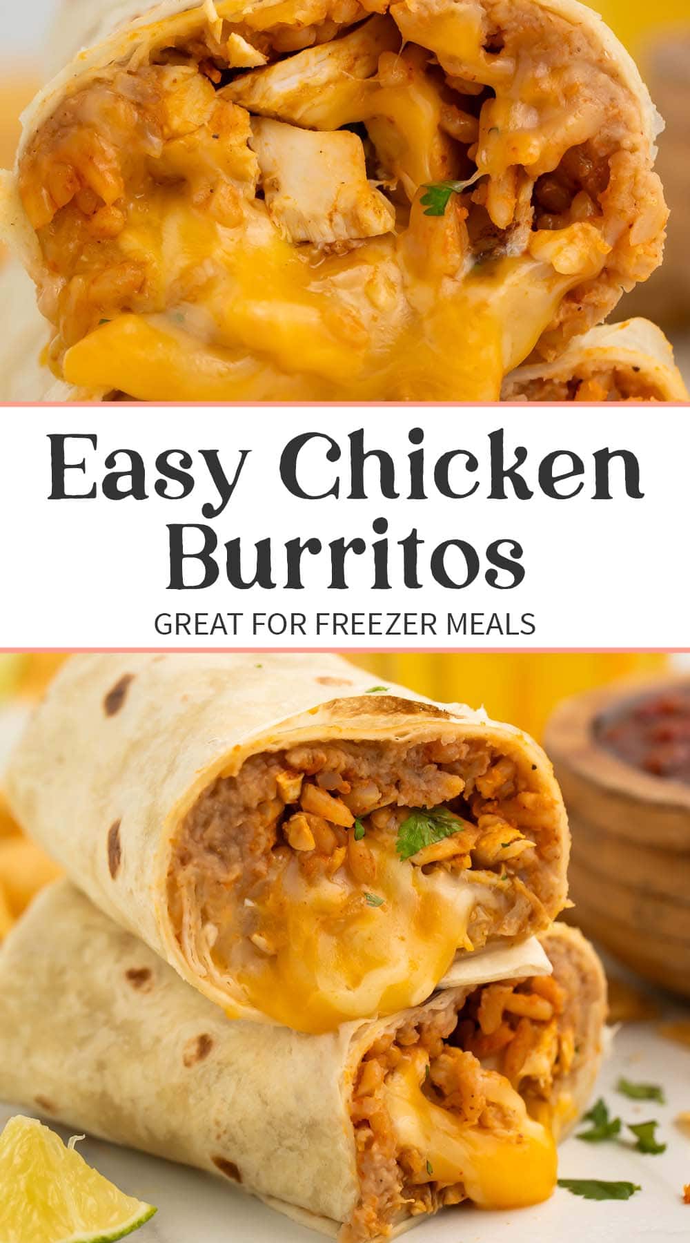 Pin graphic for easy chicken burrito recipe.