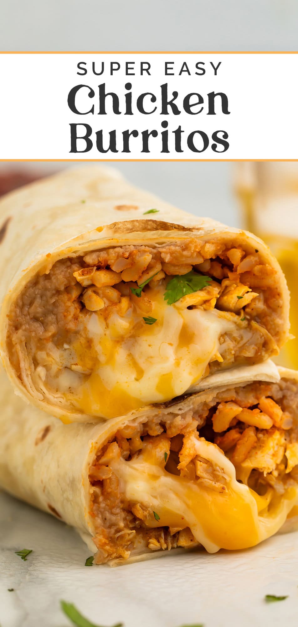 Pin graphic for easy chicken burrito recipe.