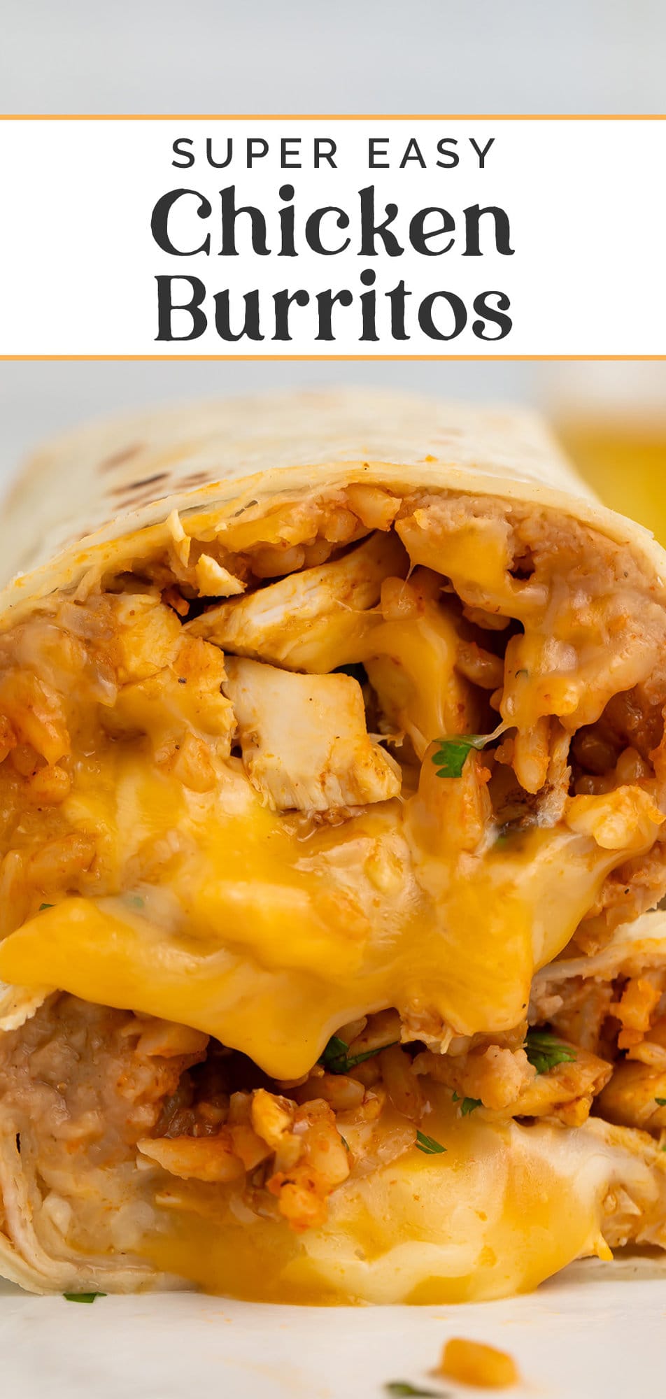 Pin graphic for easy chicken burrito recipe.