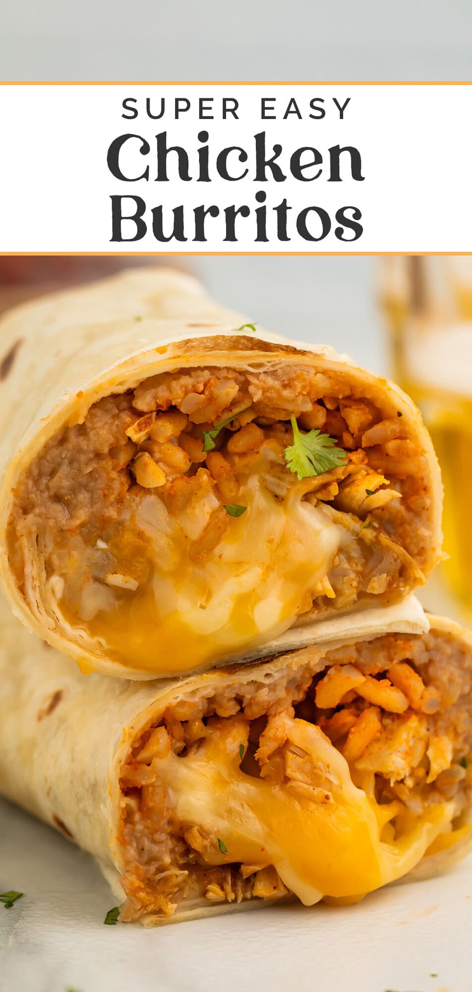 Pin graphic for easy chicken burrito recipe.