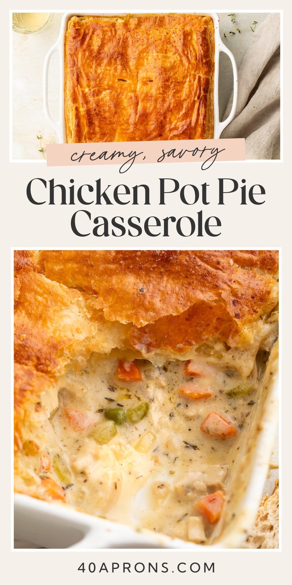 Pin graphic for chicken pot pie casserole.