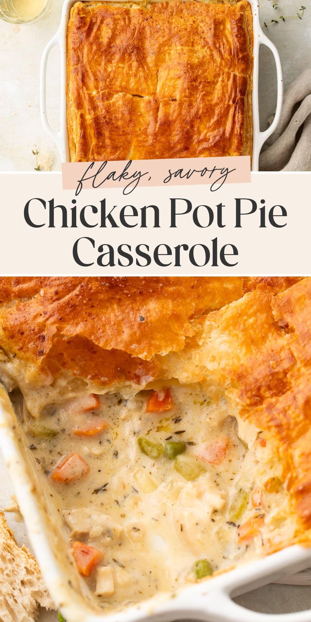 Pin graphic for chicken pot pie casserole.