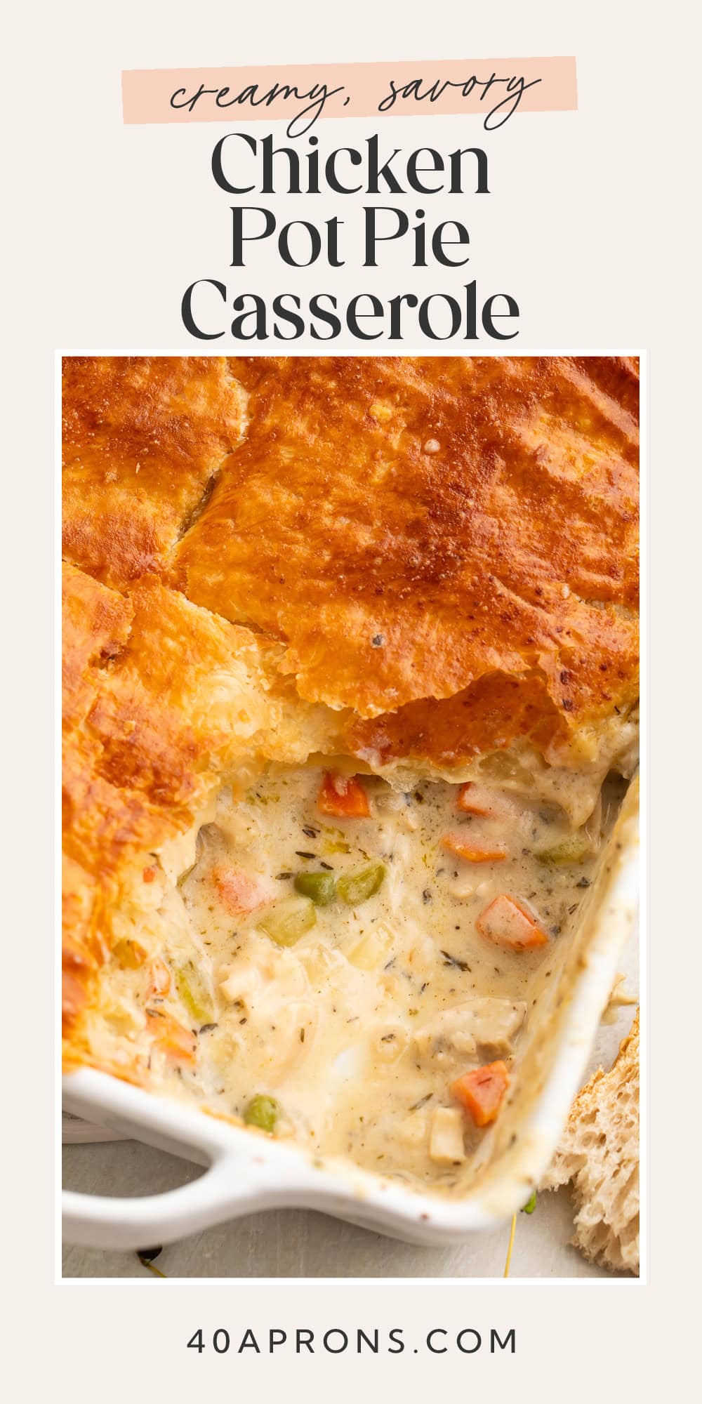 Pin graphic for chicken pot pie casserole.