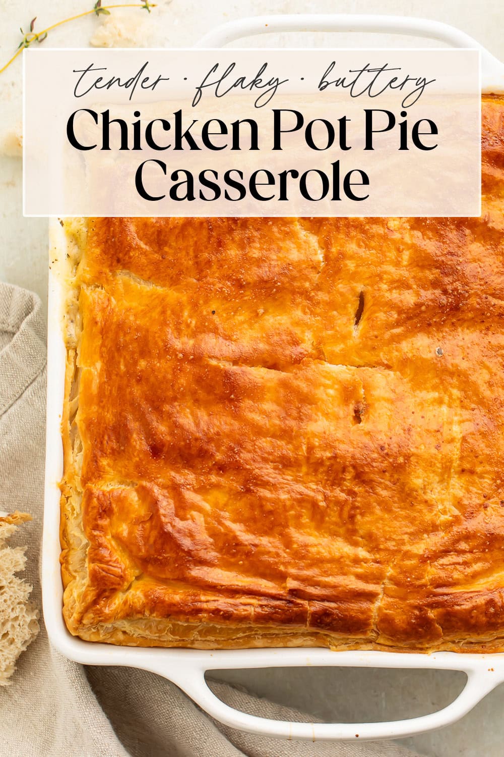 Pin graphic for chicken pot pie casserole.