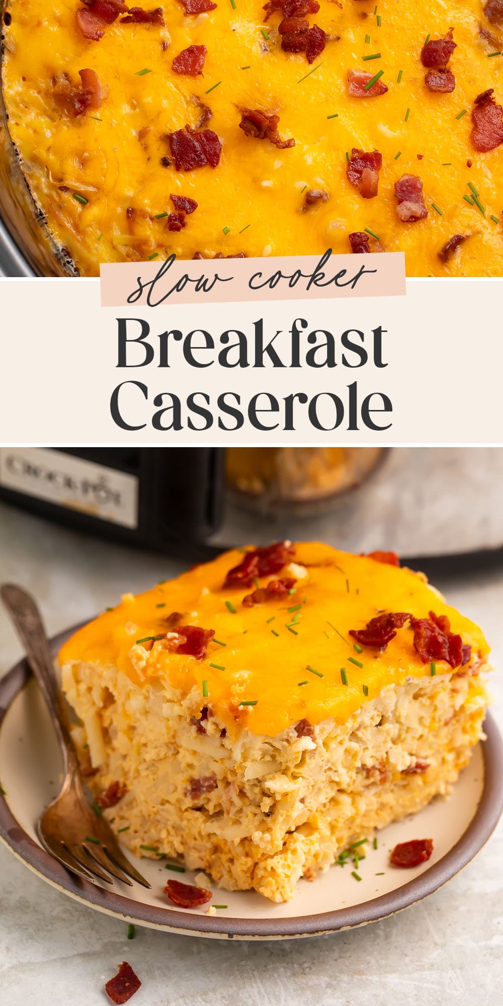 Pin graphic for Crockpot breakfast casserole.