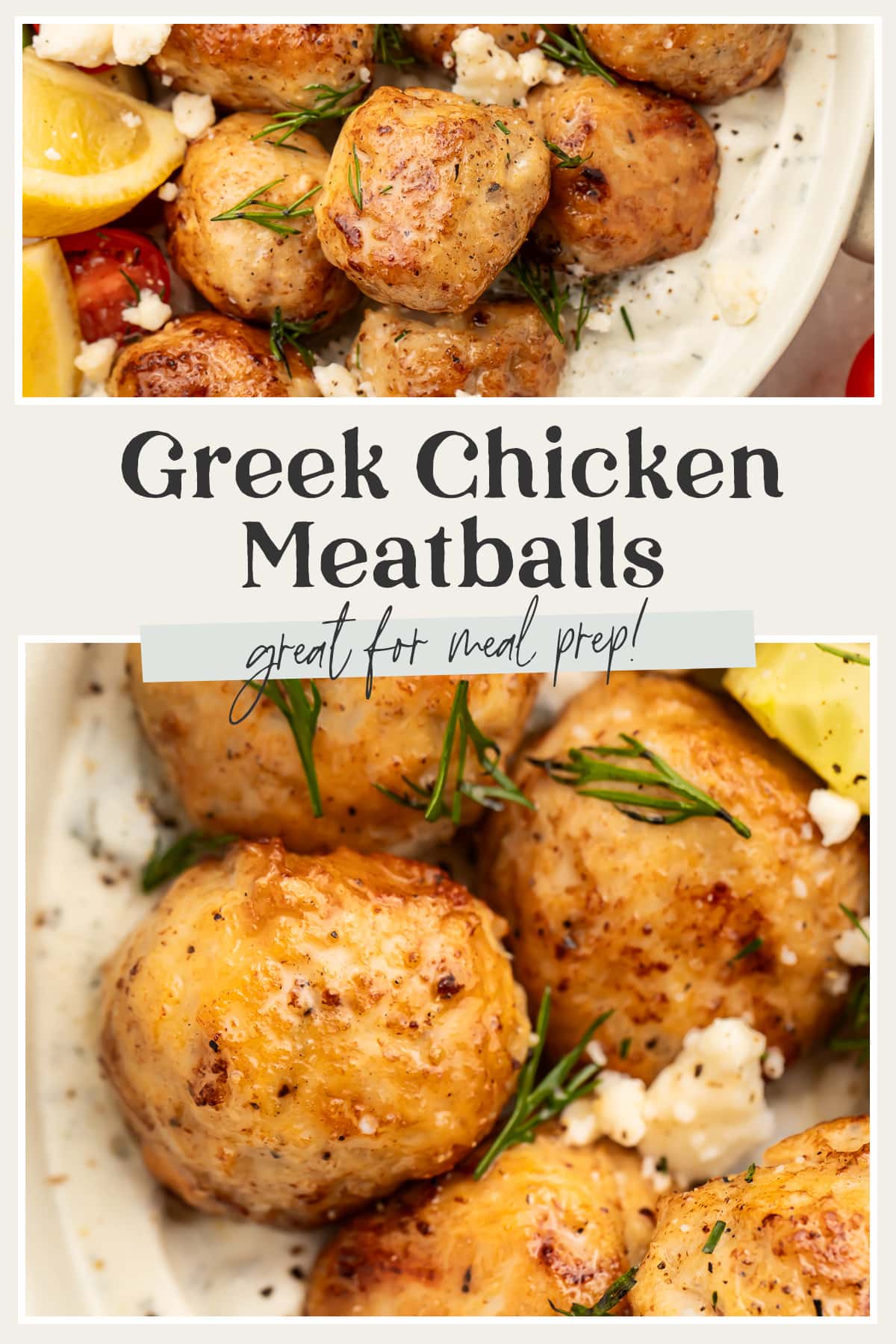 Pin graphic for Greek chicken meatballs.