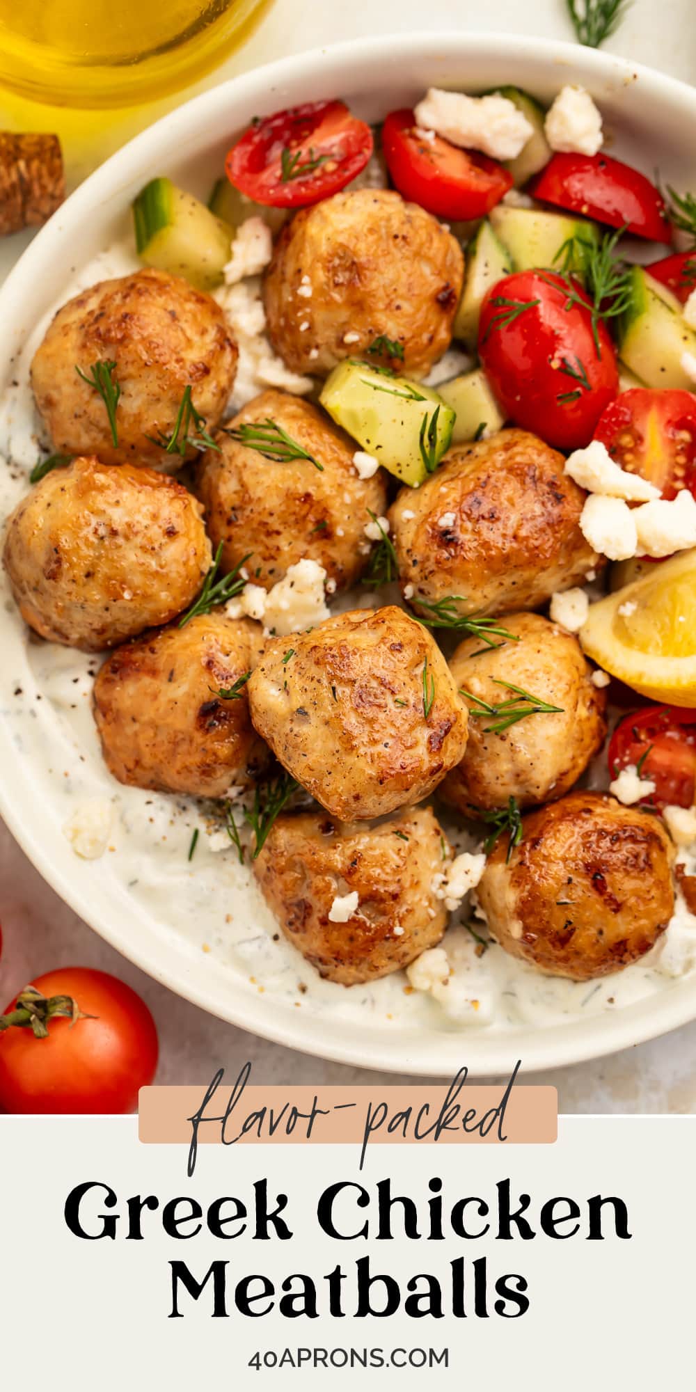 Pin graphic for Greek chicken meatballs.