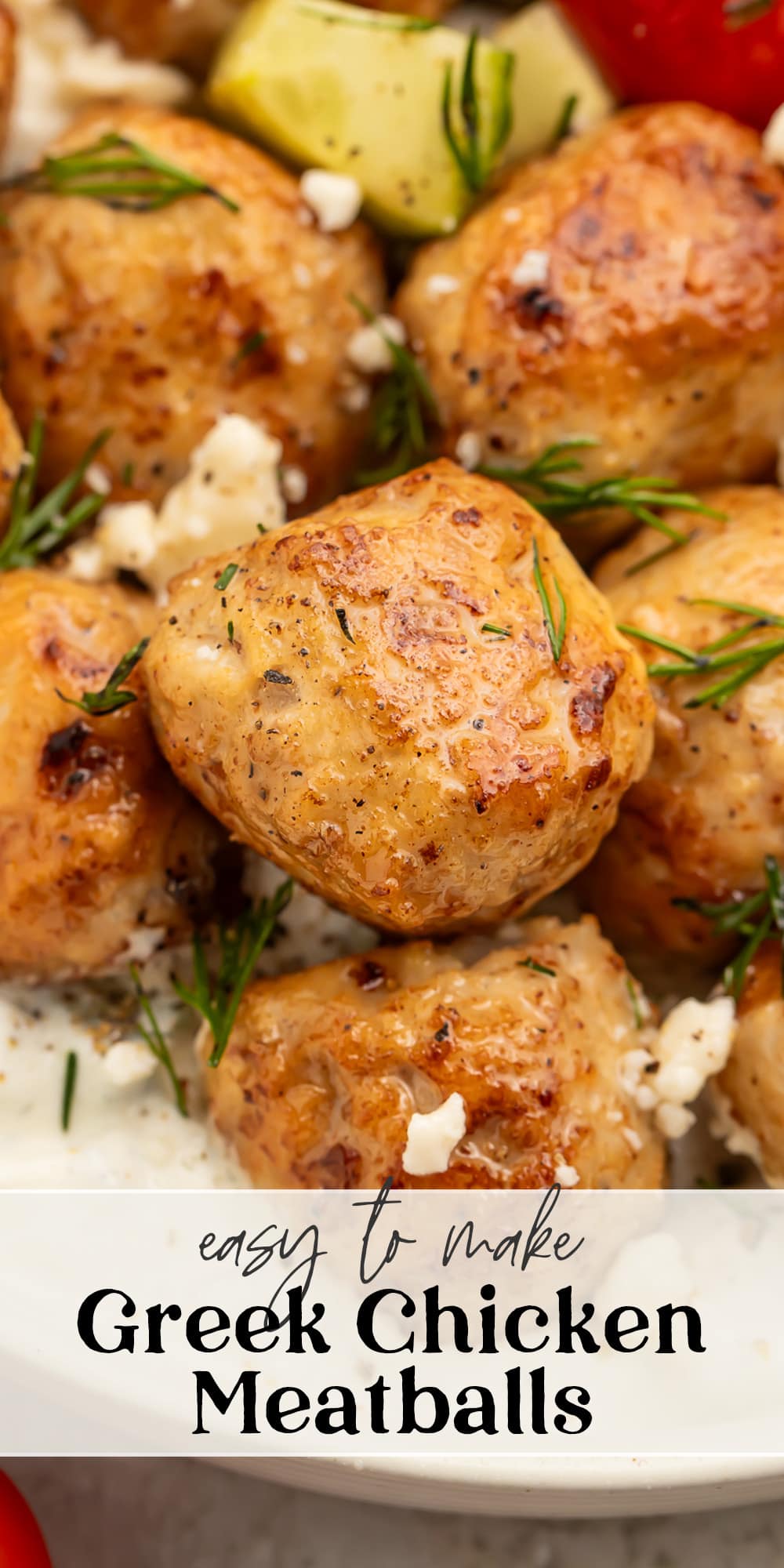 Pin graphic for Greek chicken meatballs.