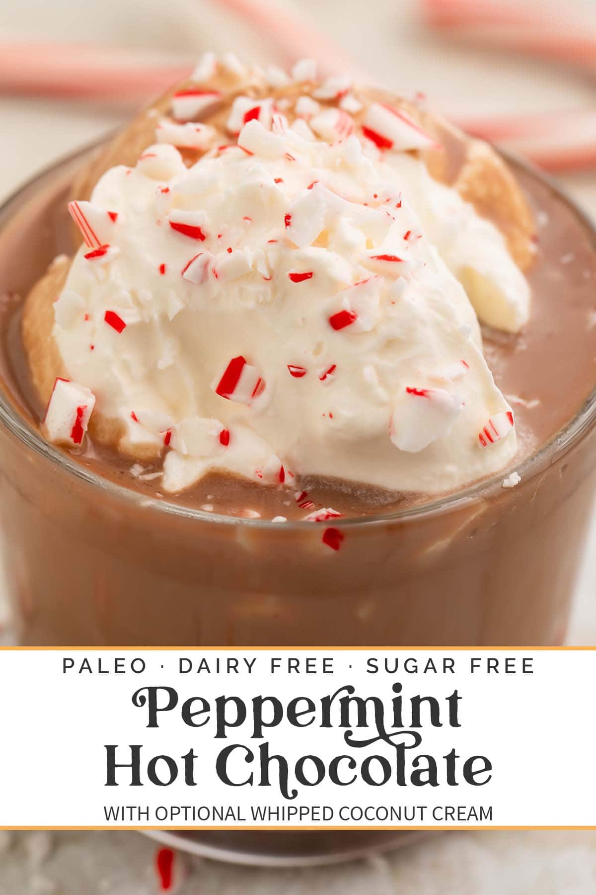 Pin graphic for paleo peppermint hot chocolate.