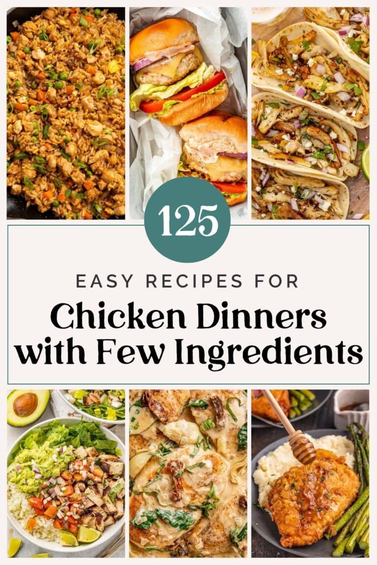 Cover graphic for 125 easy chicken recipes for dinners with few ingredients.