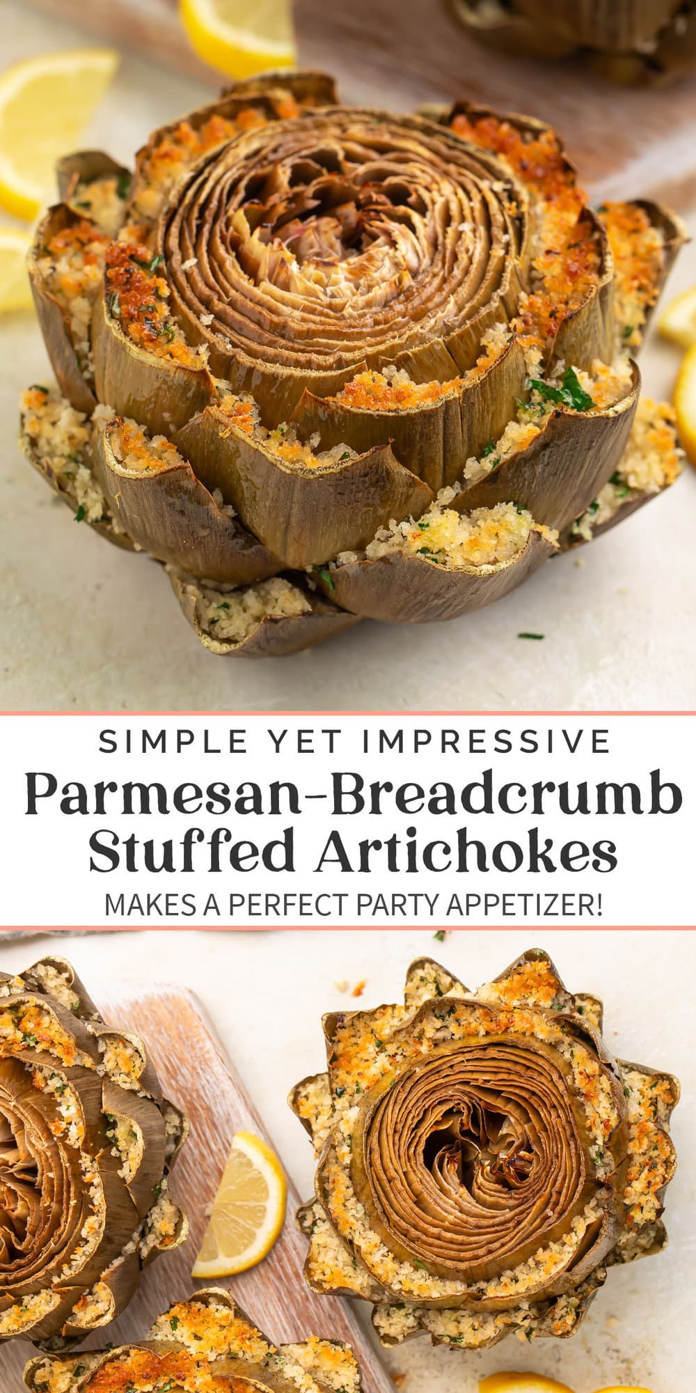 Pin graphic for stuffed artichokes.