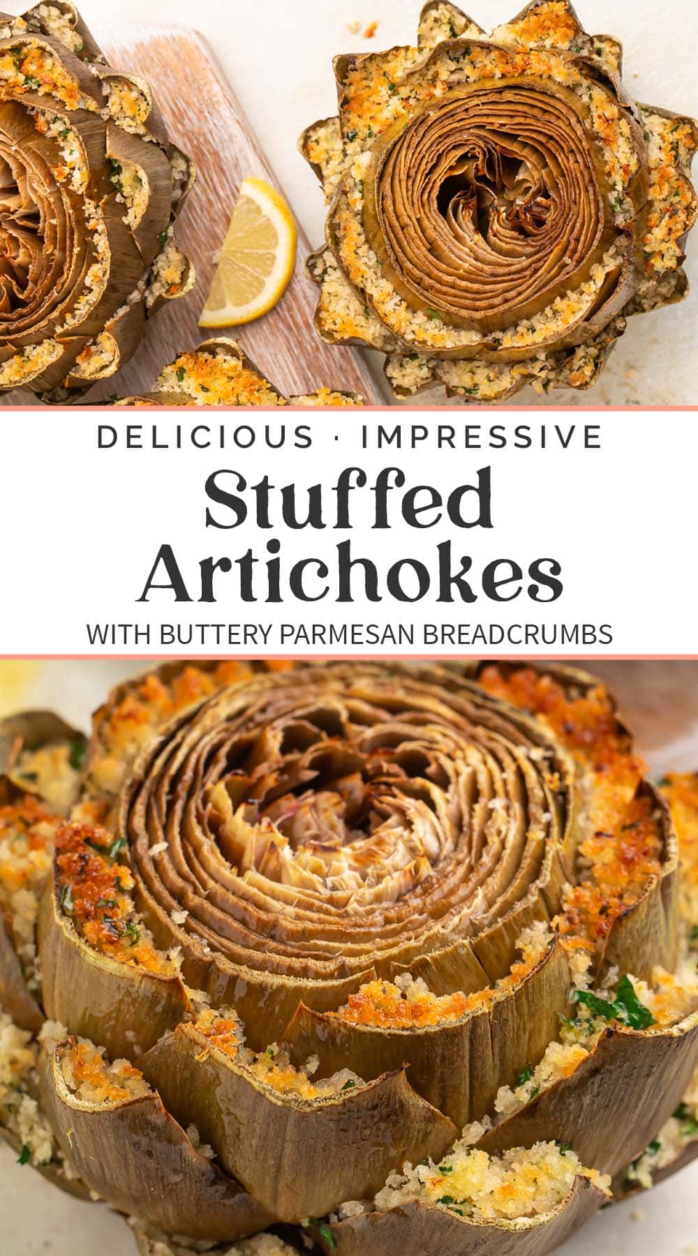 Pin graphic for stuffed artichokes.