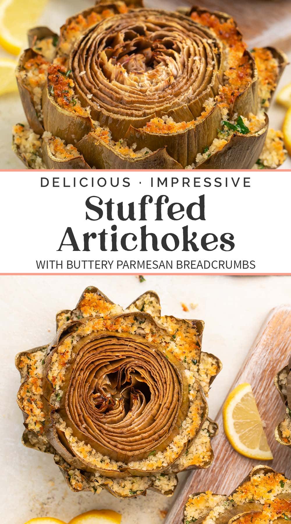 Pin graphic for stuffed artichokes.