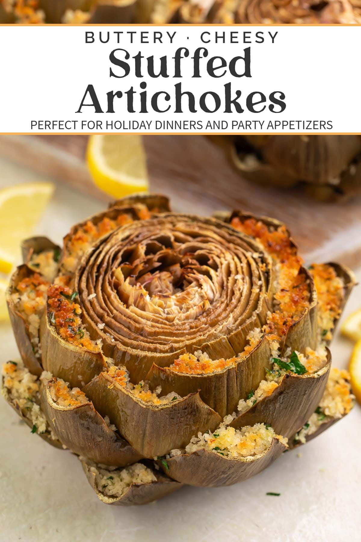 Pin graphic for stuffed artichokes.